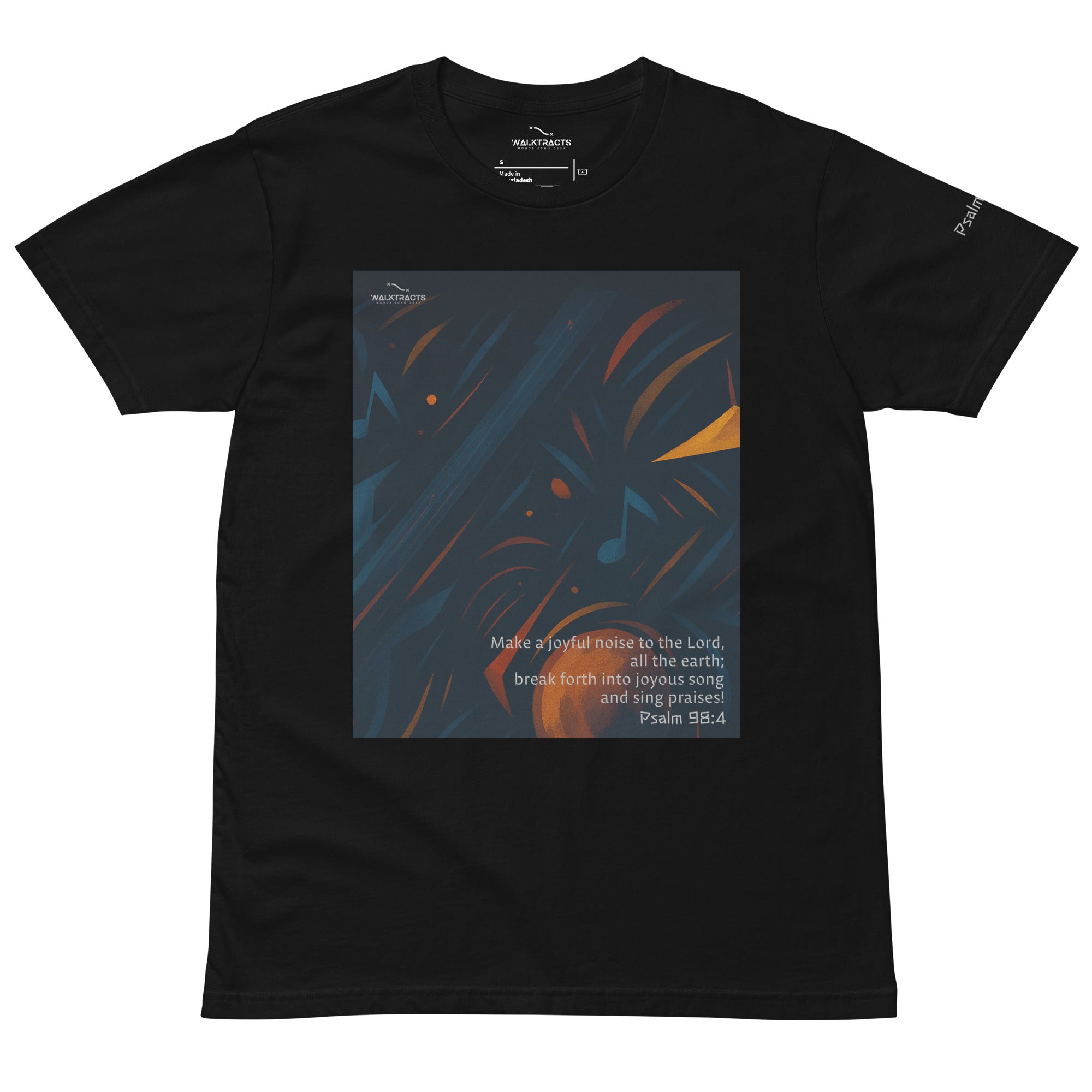 Black graphic Christian t-shirt with Bible verse Psalm 98:4