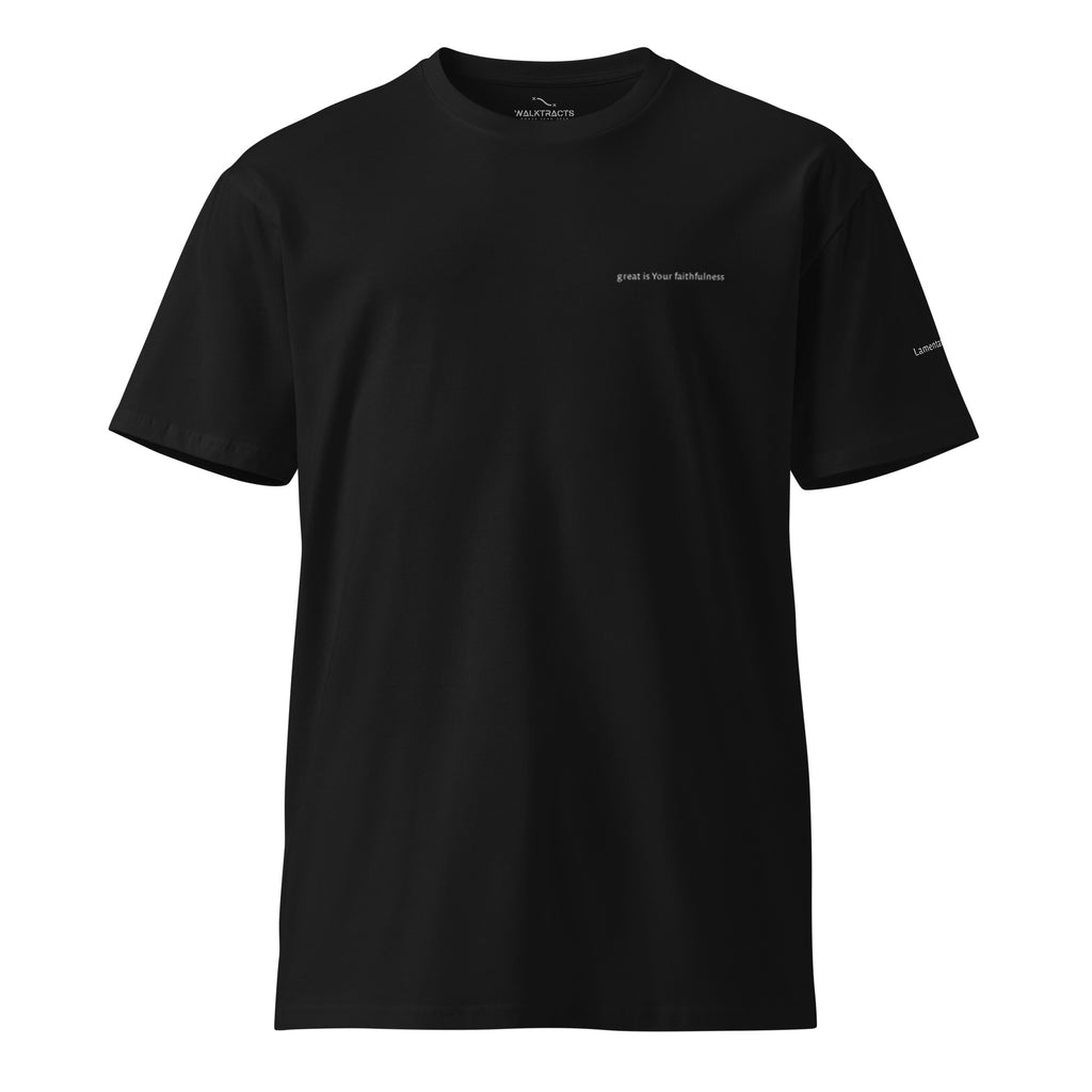 Black Christian t-shirt with Lamentations 3:22–23 printed on front and back, verse reference on left sleeve