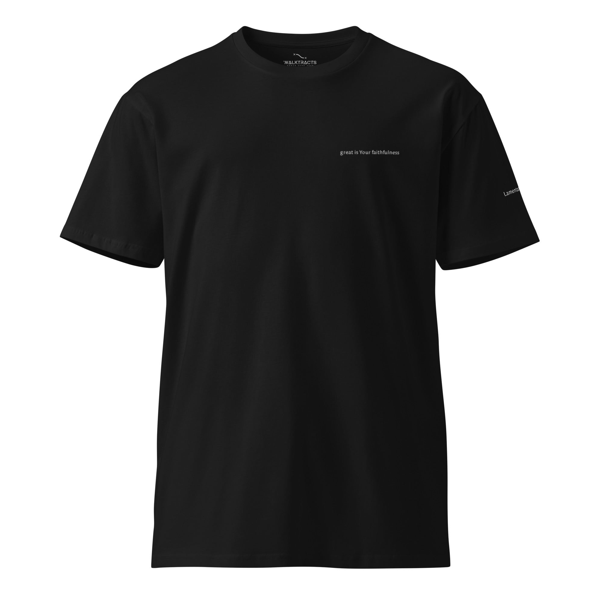 Black Christian t-shirt with Lamentations 3:22–23 printed on front and back, verse reference on left sleeve