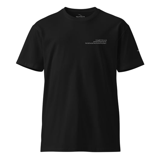 Black Christian t-shirt with Psalm 34:4 printed on front and back, verse reference on left sleeve