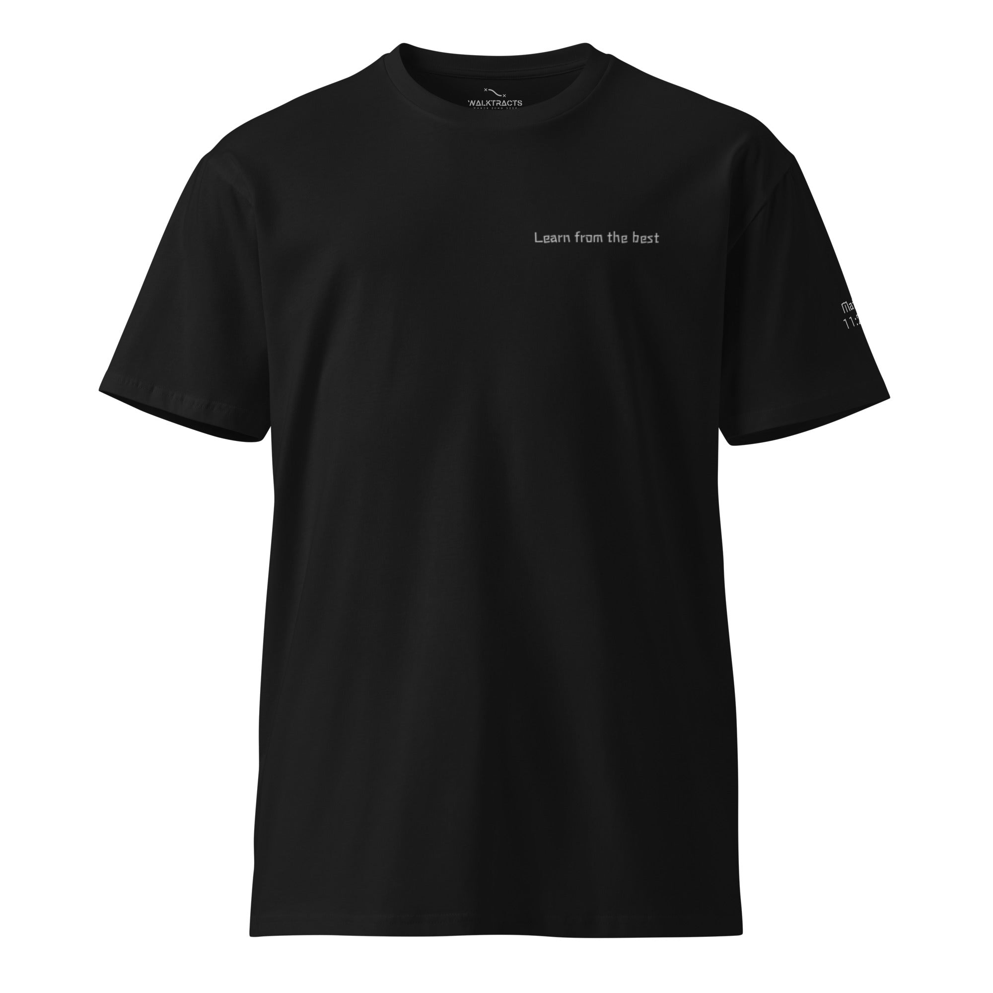 Black Christian t-shirt with “Learn from the Best” on front, full Matthew 11:28-30 Bible verse printed on the back, and verse reference on left sleeve