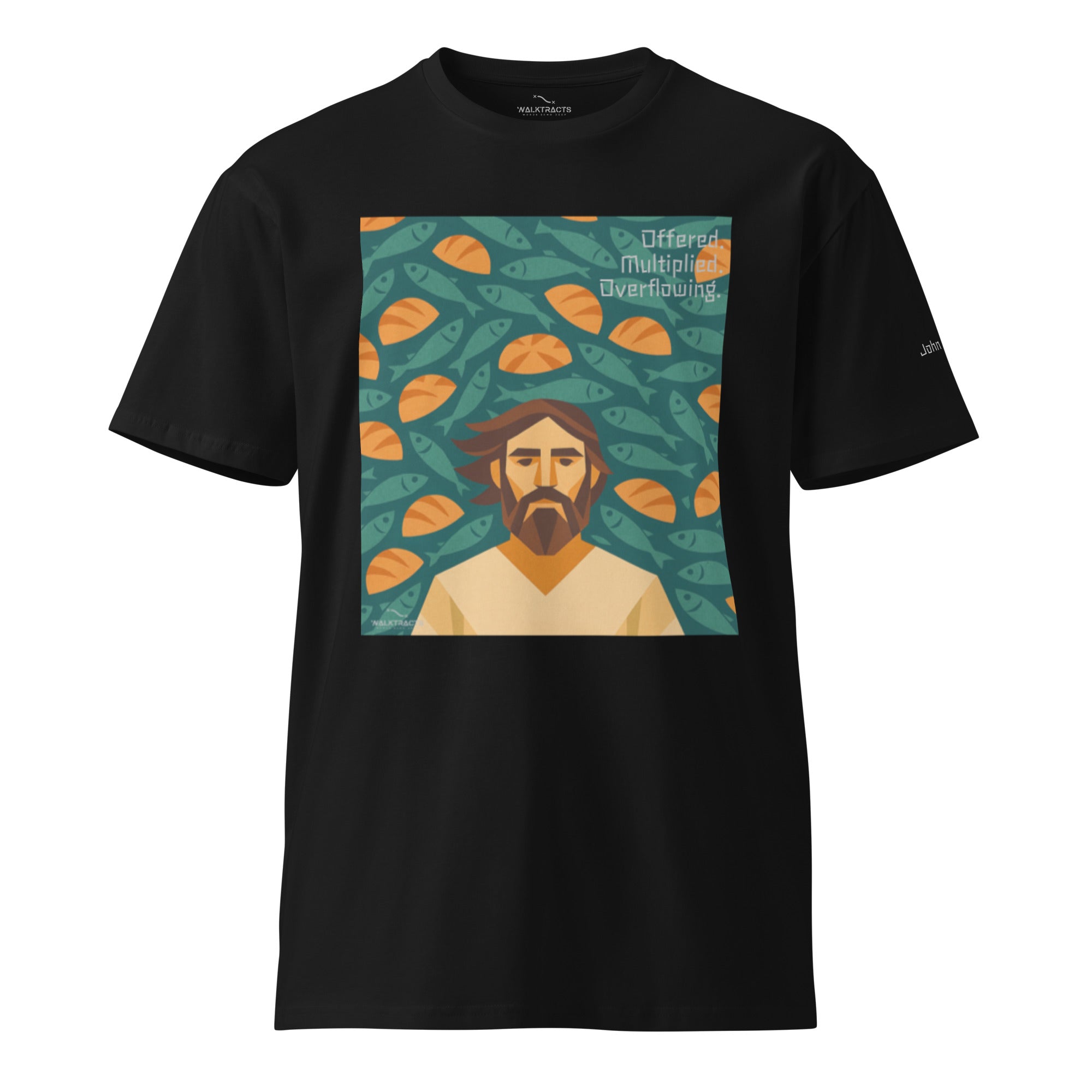 Black Christian graphic tee inspired by the 5 loaves and 2 fish story (John 6:9–11), with Bible verse printed on left sleeve