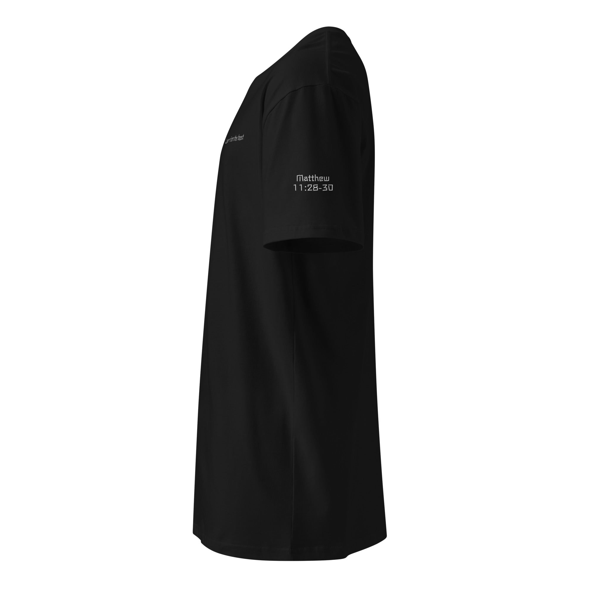 Black Christian t-shirt with “Learn from the Best” on front, full Matthew 11:28-30 Bible verse printed on the back, and verse reference on left sleeve