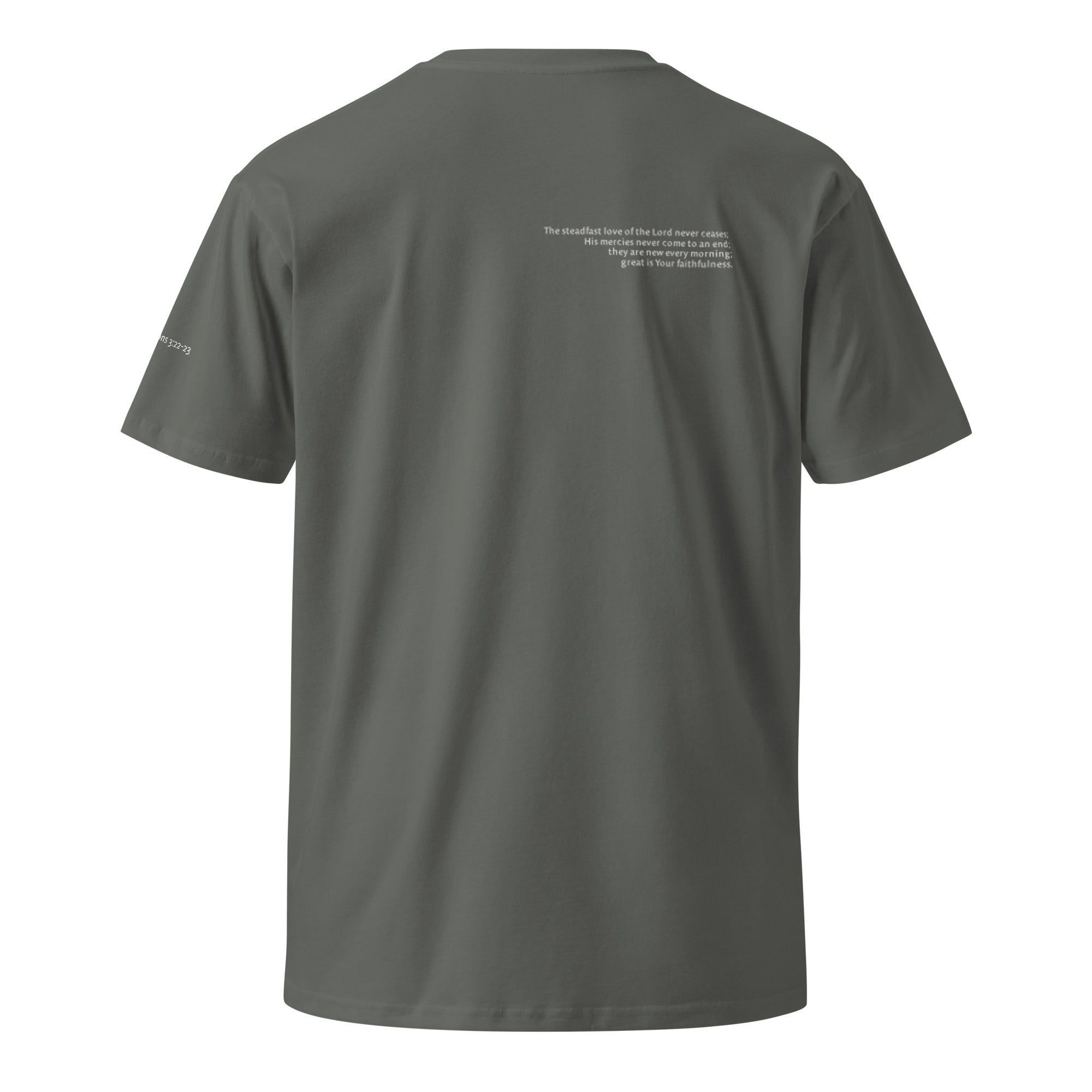 Gray Christian t-shirt with Lamentations 3:22–23 printed on front and back, verse reference on left sleeve