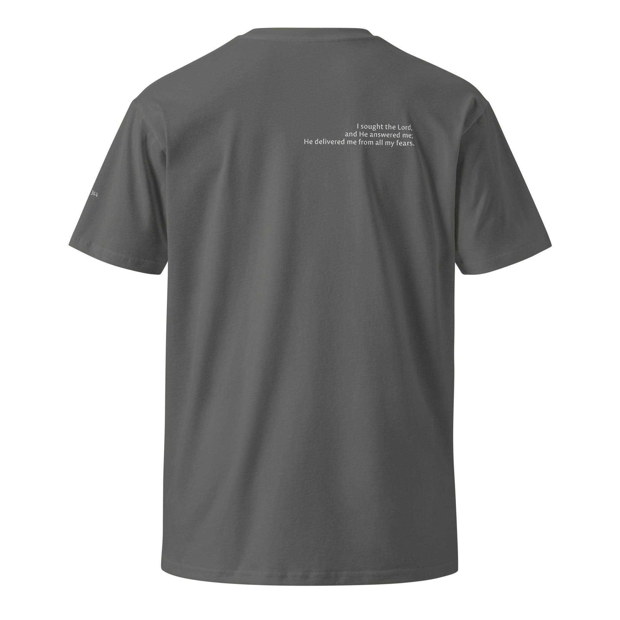Gray Christian t-shirt with Psalm 34:4 printed on front and back, verse reference on left sleeve