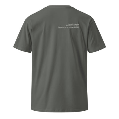 Gray Christian t-shirt with Psalm 34:4 printed on front and back, verse reference on left sleeve