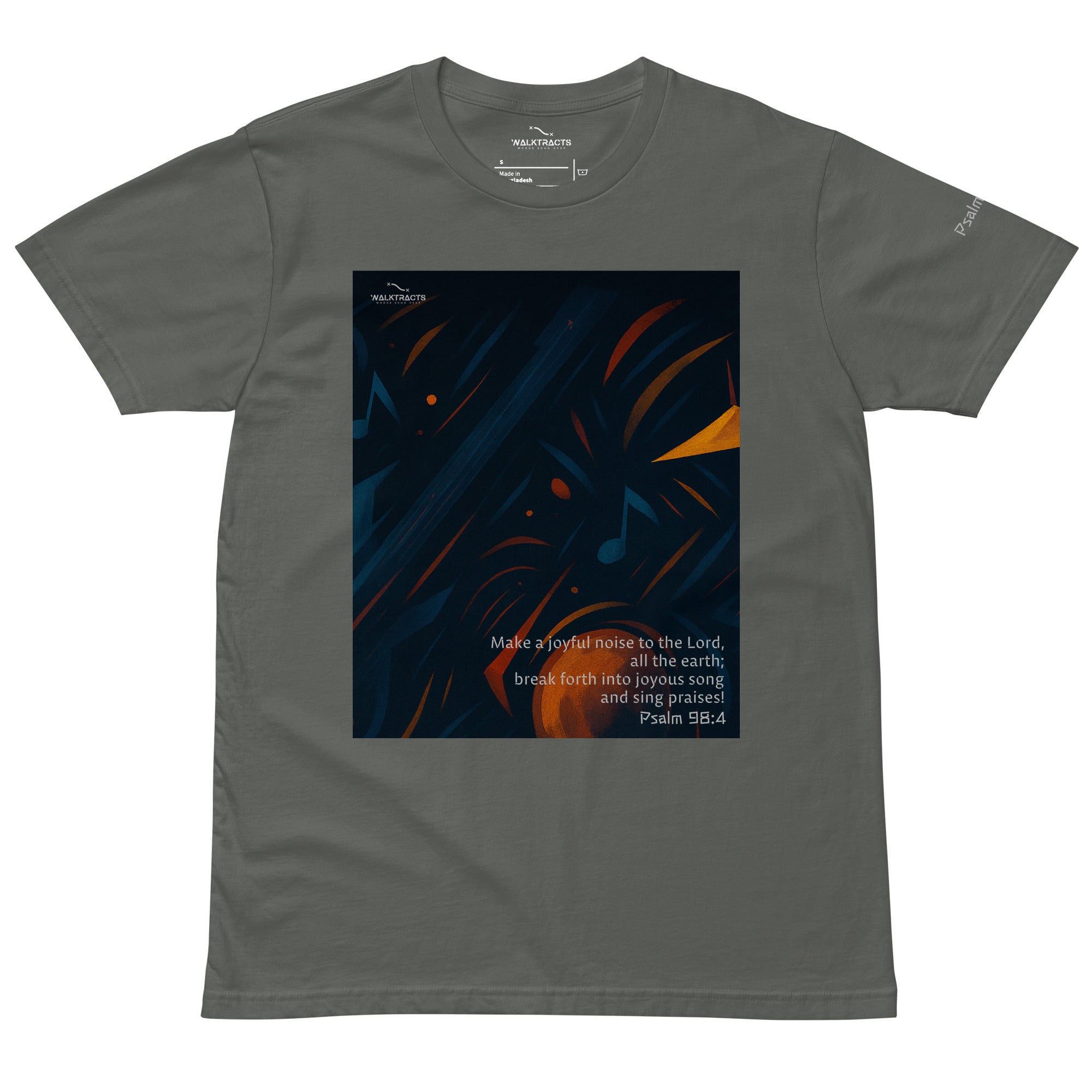 Gray graphic Christian t-shirt with Bible verse Psalm 98:4
