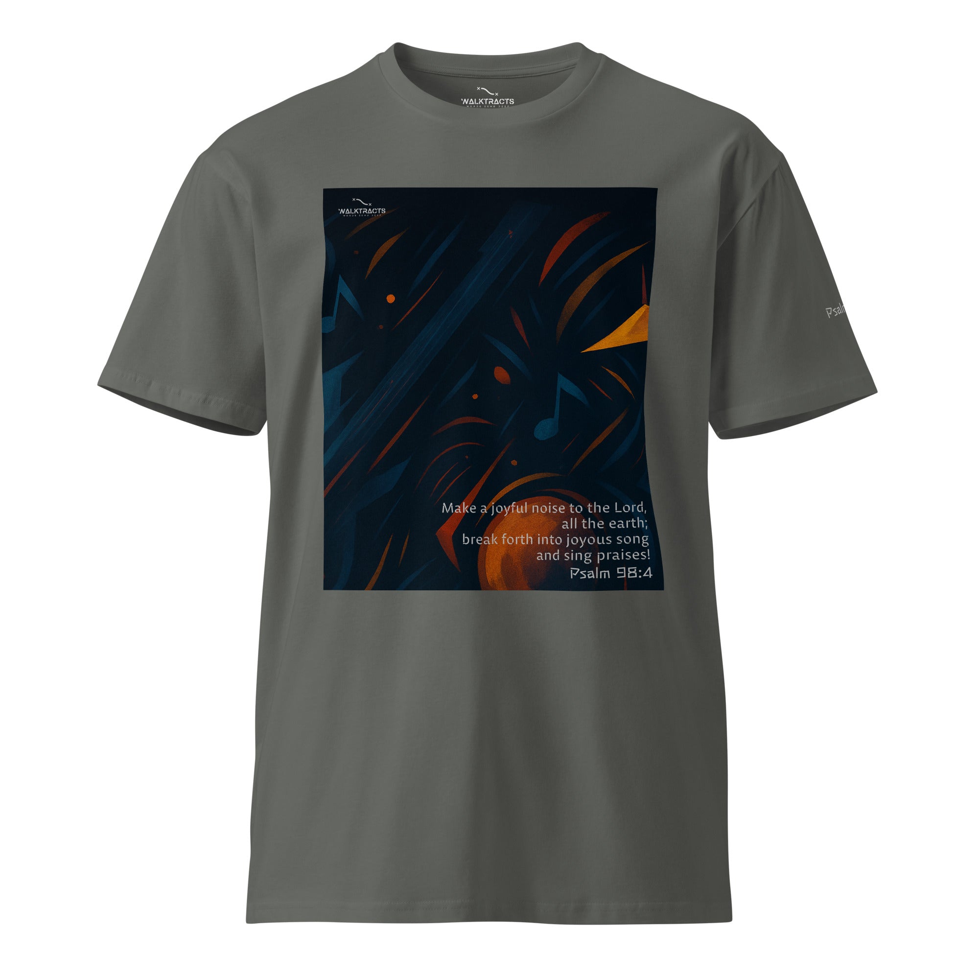 Gray graphic Christian t-shirt with Bible verse Psalm 98:4 