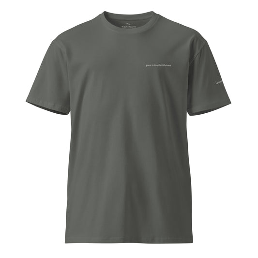 Gray Christian t-shirt with Lamentations 3:22–23 printed on front and back, verse reference on left sleeve
