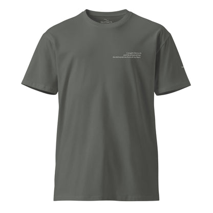 Gray Christian t-shirt with Psalm 34:4 printed on front and back, verse reference on left sleeve