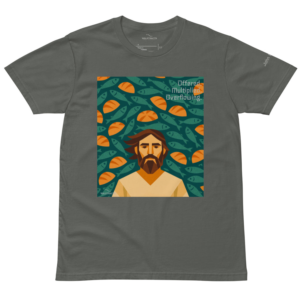 Gray Christian graphic tee inspired by the 5 loaves and 2 fish story (John 6:9–11), with Bible verse printed on left sleeve