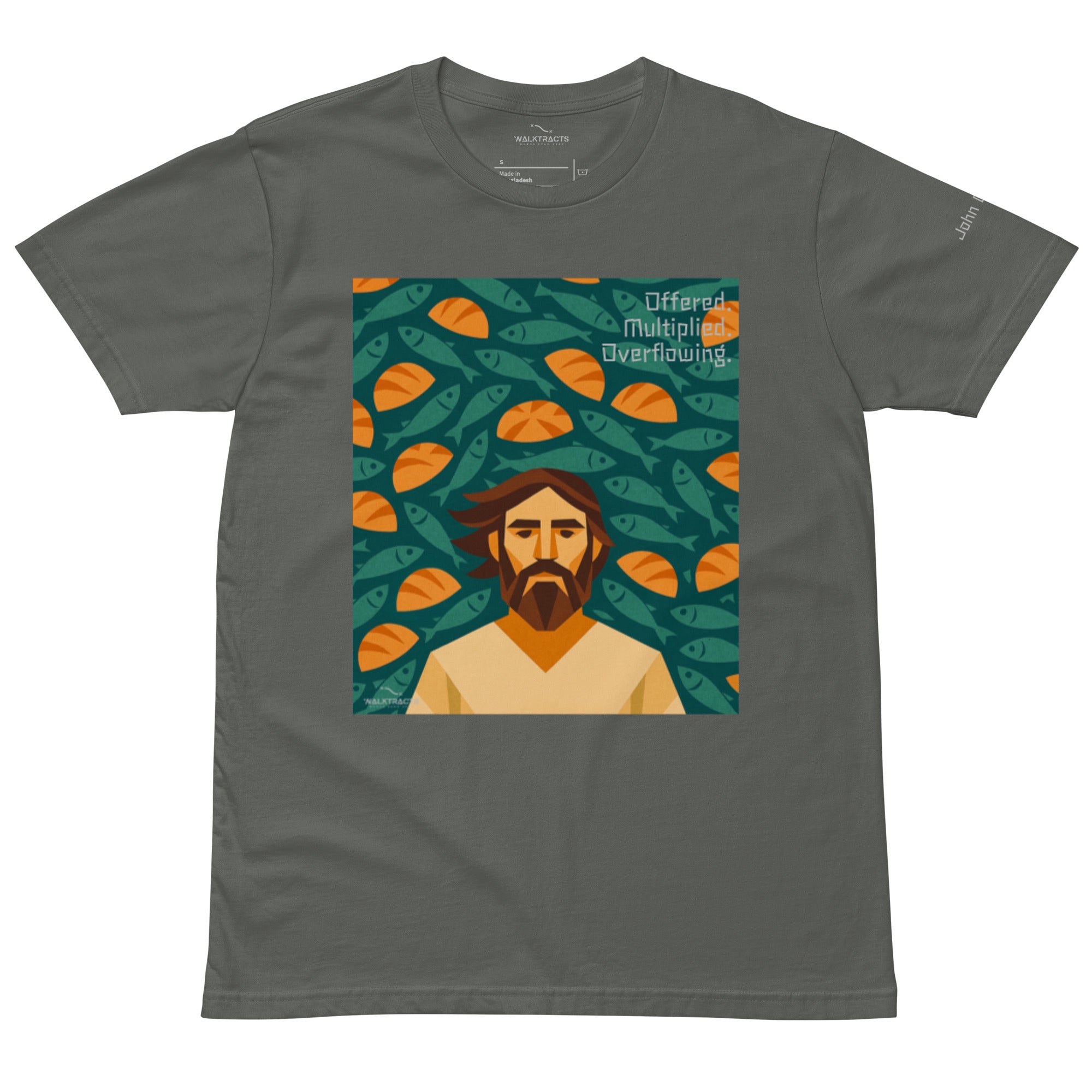 Gray Christian graphic tee inspired by the 5 loaves and 2 fish story (John 6:9–11), with Bible verse printed on left sleeve