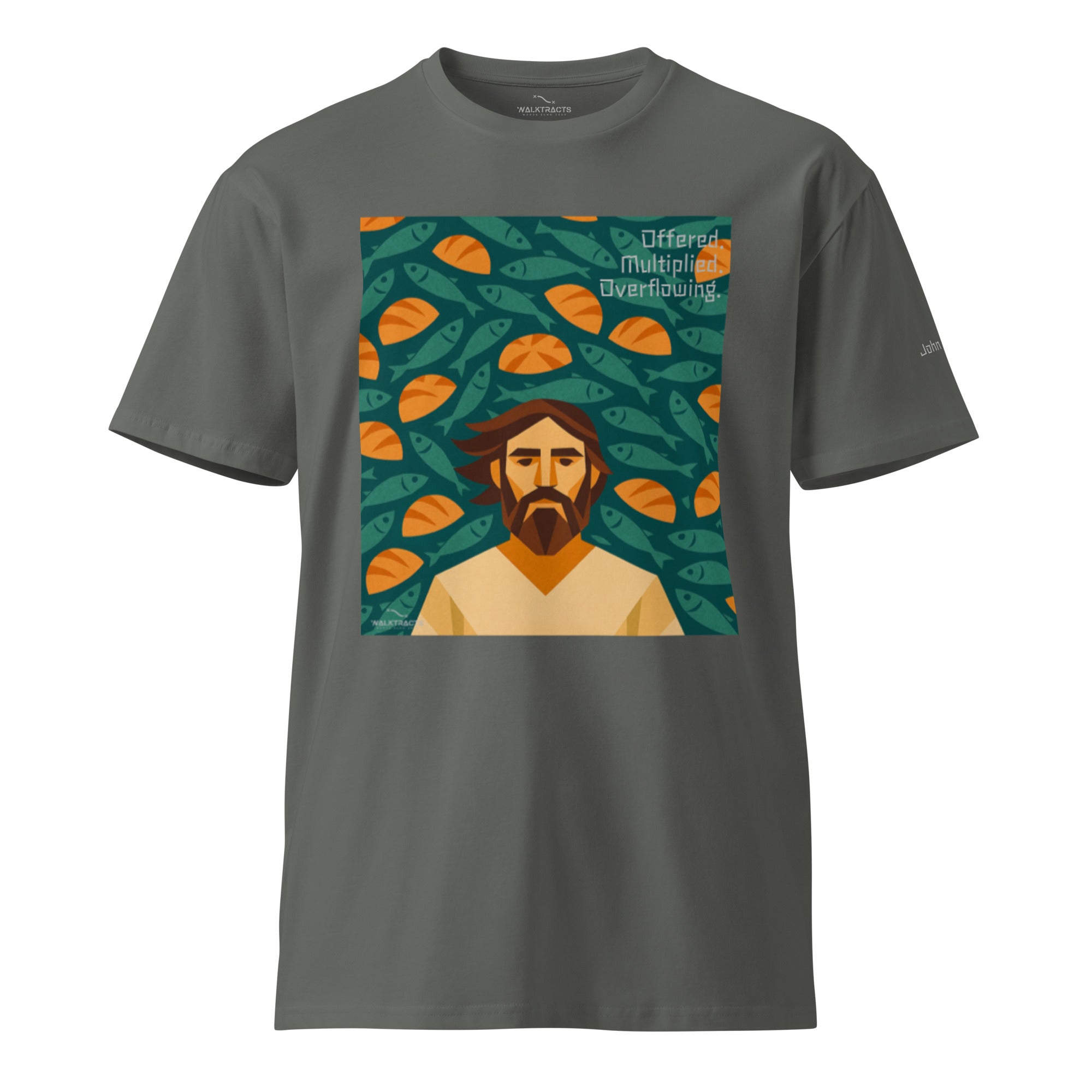 Gray Christian graphic tee inspired by the 5 loaves and 2 fish story (John 6:9–11), with Bible verse printed on left sleeve