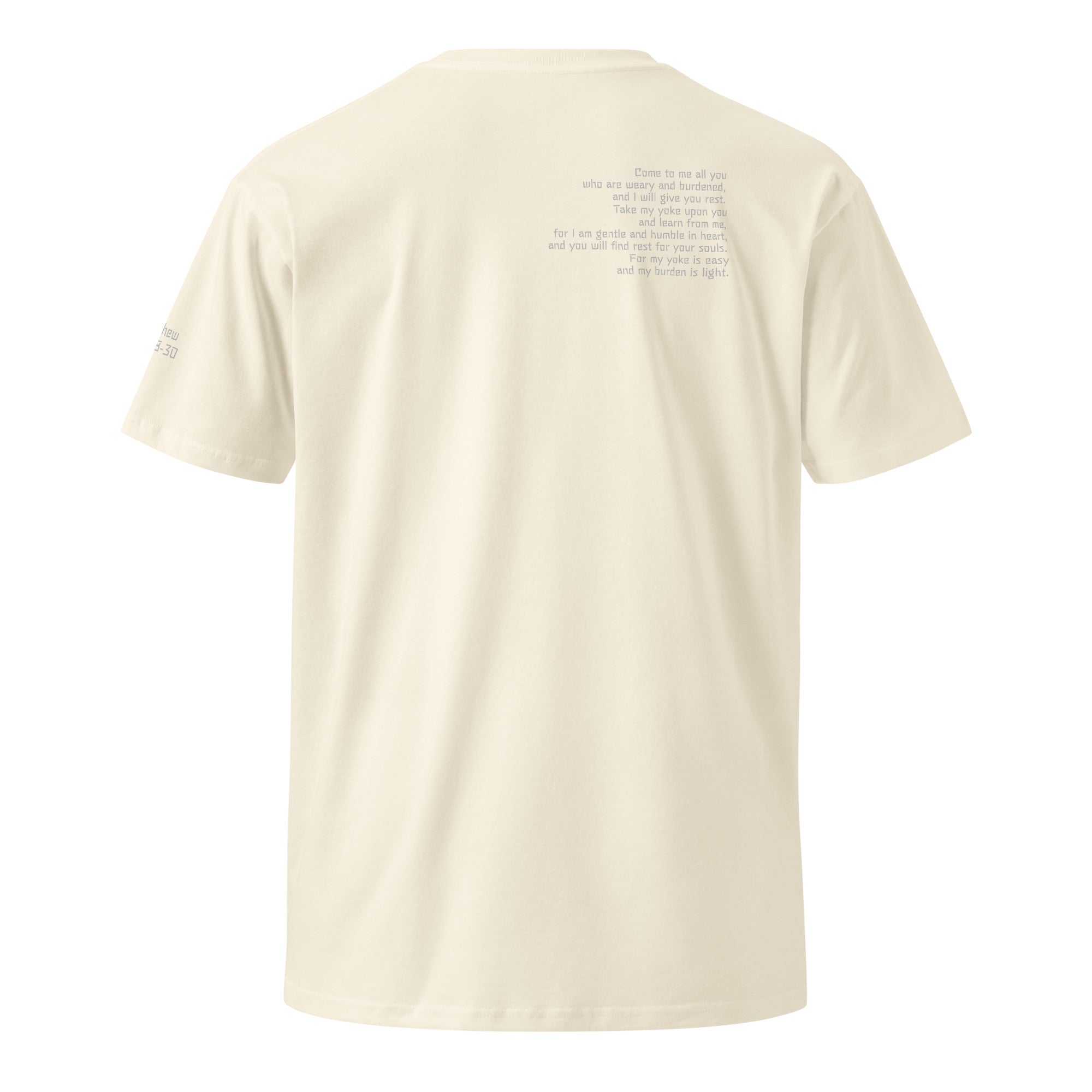 White Christian t-shirt with “Learn from the Best” on front, full Matthew 11:28-30 Bible verse printed on the back, and verse reference on left sleeve