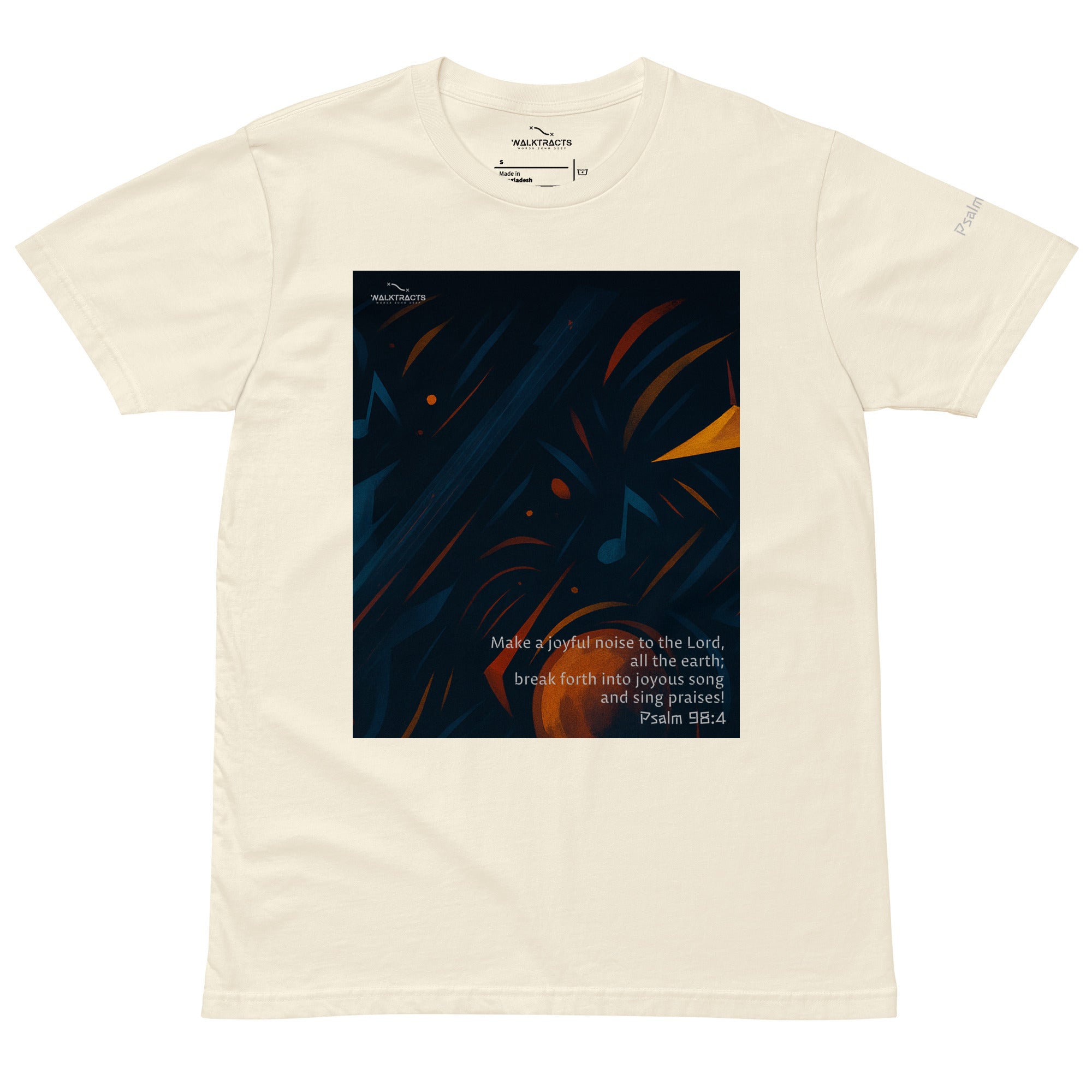 Light colored graphic Christian t-shirt with Bible verse Psalm 98:4