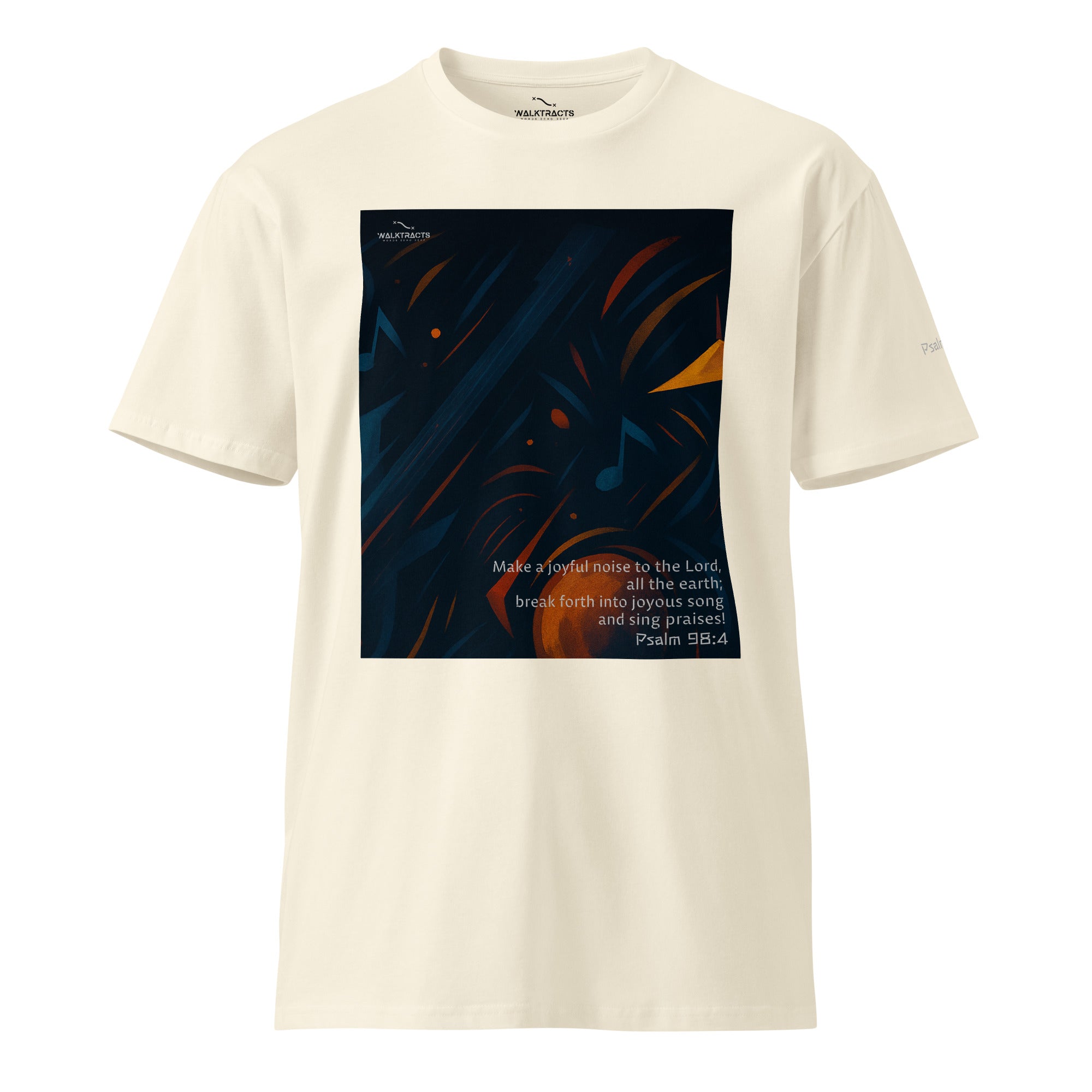 Light-colored graphic Christian t-shirt with Bible verse Psalm 98:4