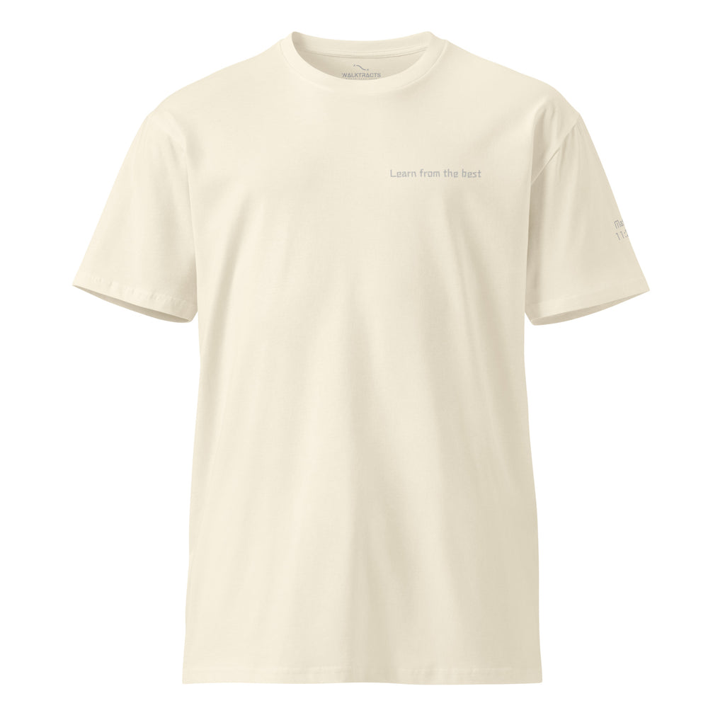 White Christian t-shirt with “Learn from the Best” on front, full Matthew 11:28-30 Bible verse printed on the back, and verse reference on left sleeve