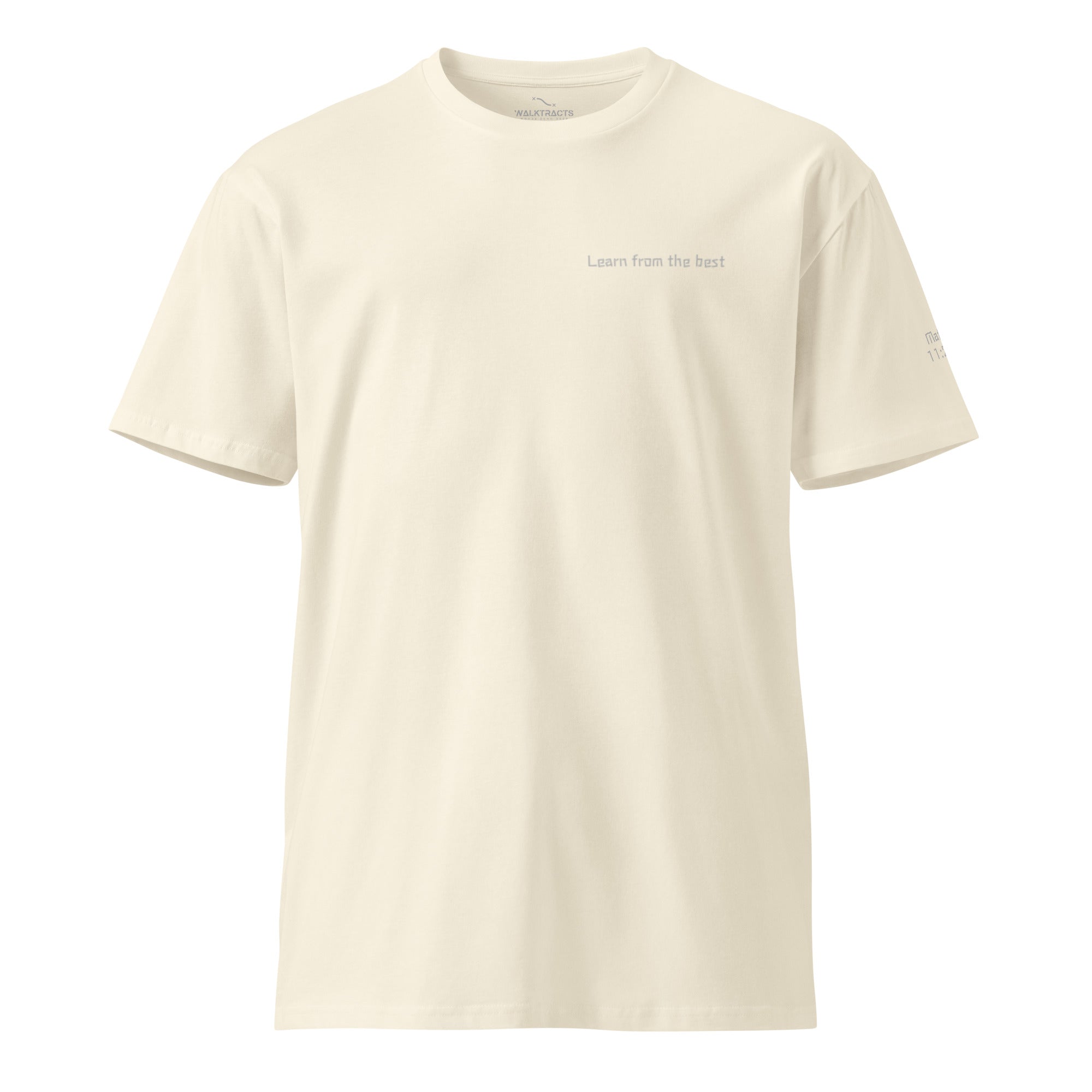White Christian t-shirt with “Learn from the Best” on front, full Matthew 11:28-30 Bible verse printed on the back, and verse reference on left sleeve