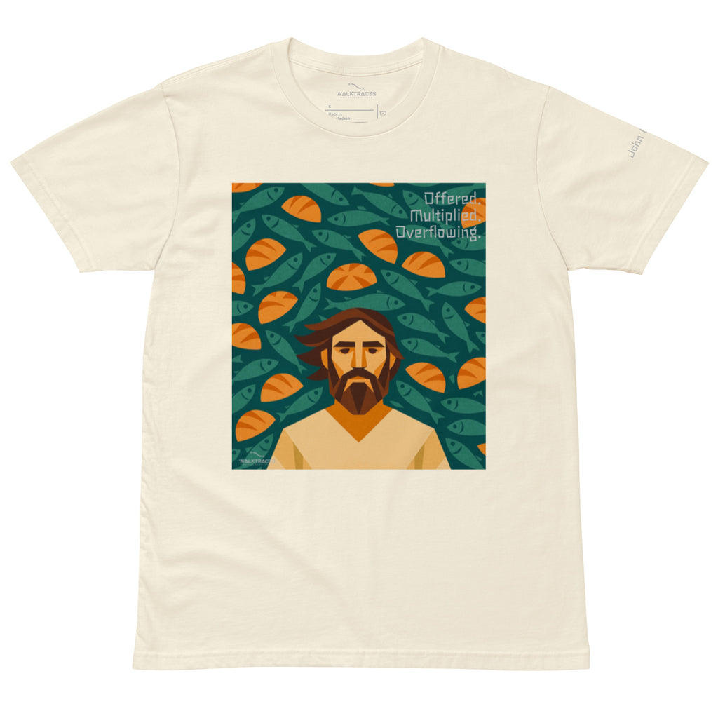 White Christian graphic tee inspired by the 5 loaves and 2 fish story (John 6:9–11), with Bible verse printed on left sleeve