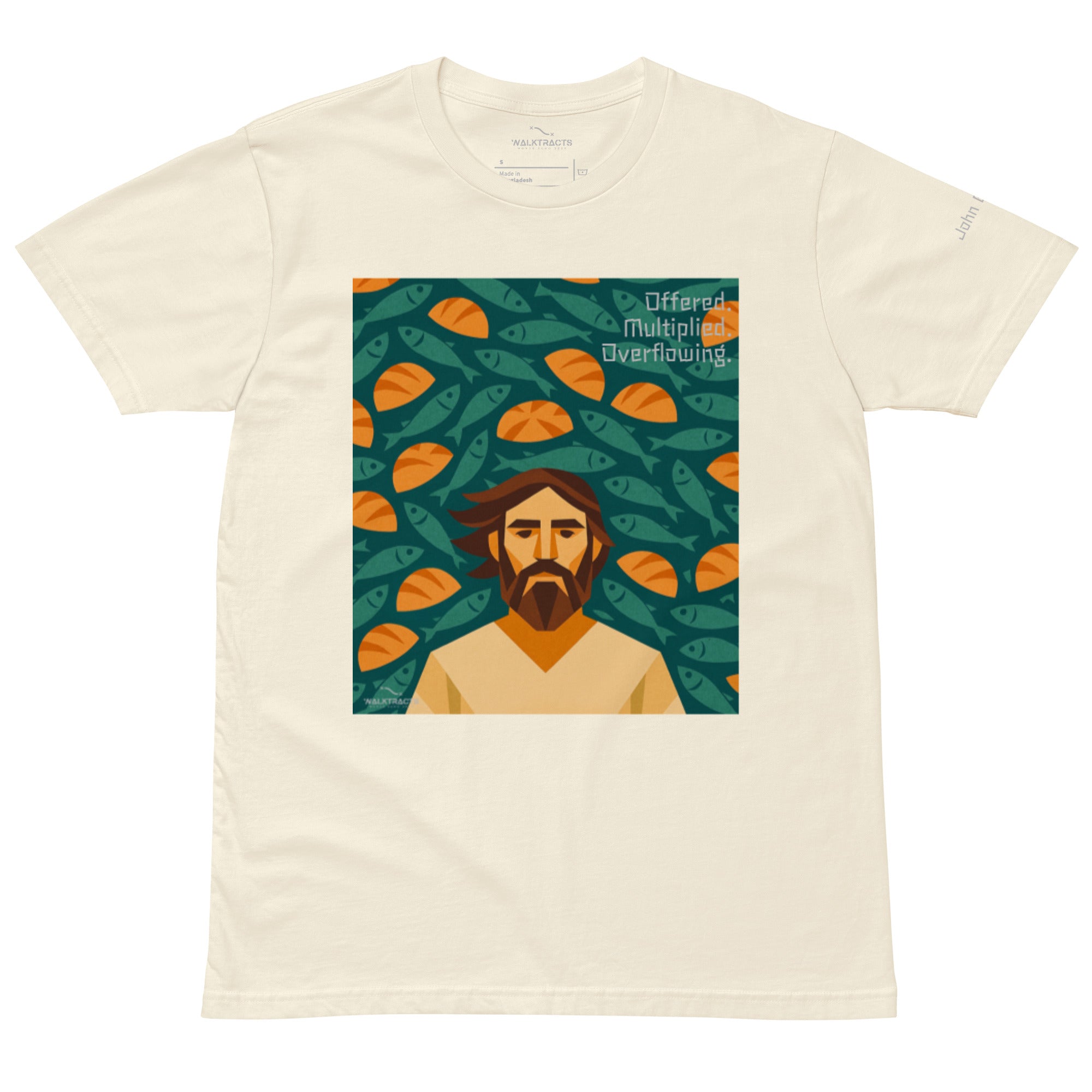 White Christian graphic tee inspired by the 5 loaves and 2 fish story (John 6:9–11), with Bible verse printed on left sleeve