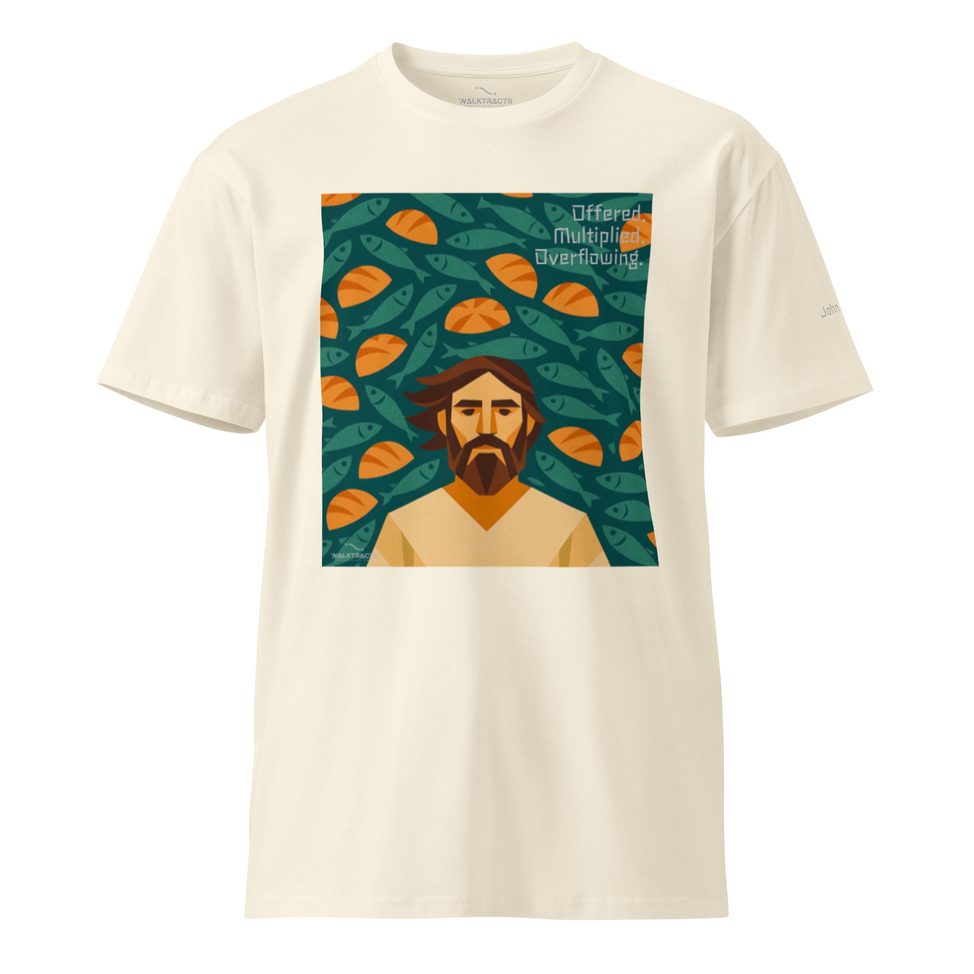 White Christian graphic tee inspired by the 5 loaves and 2 fish story (John 6:9–11), with Bible verse printed on left sleeve