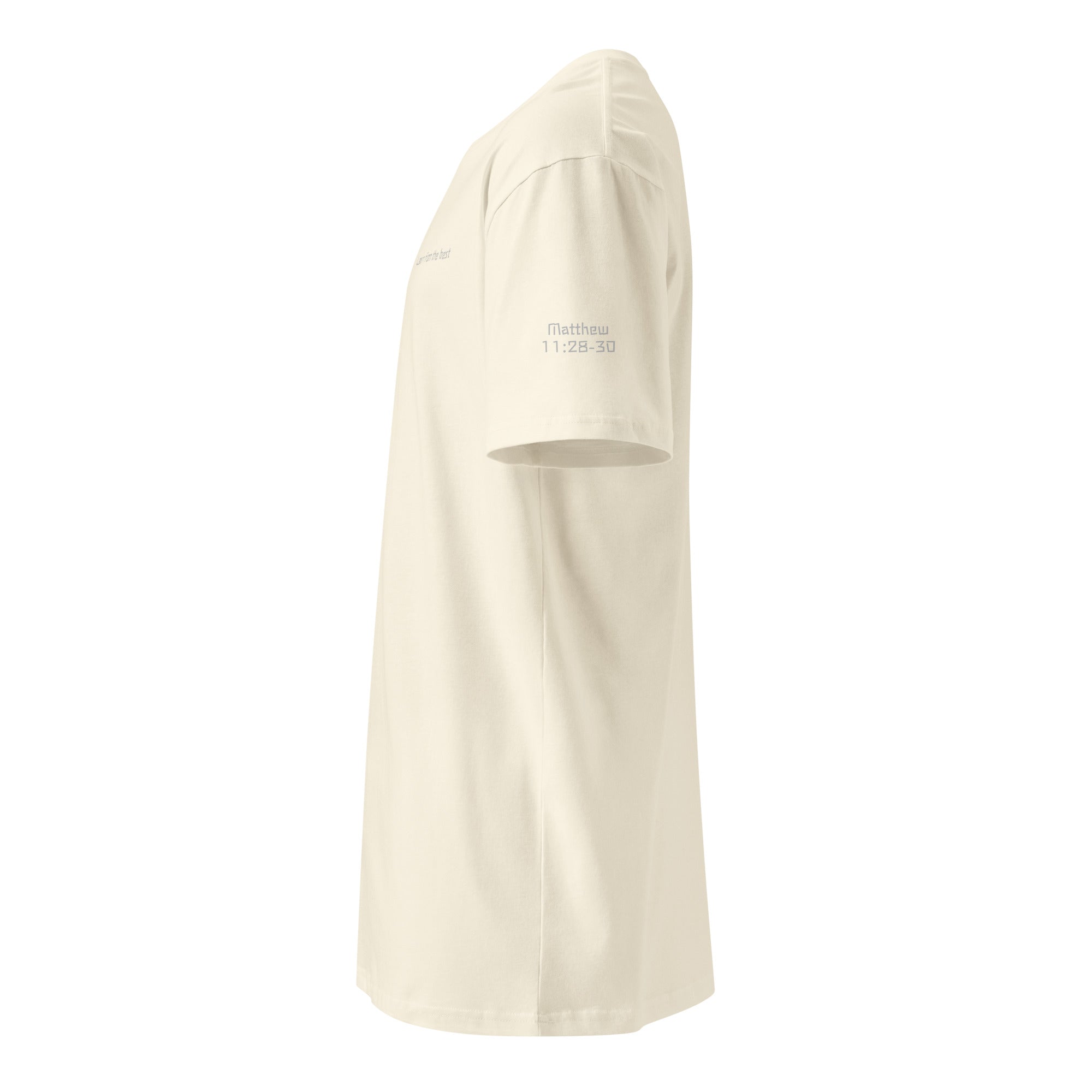 White Christian t-shirt with “Learn from the Best” on front, full Matthew 11:28-30 Bible verse printed on the back, and verse reference on left sleeve