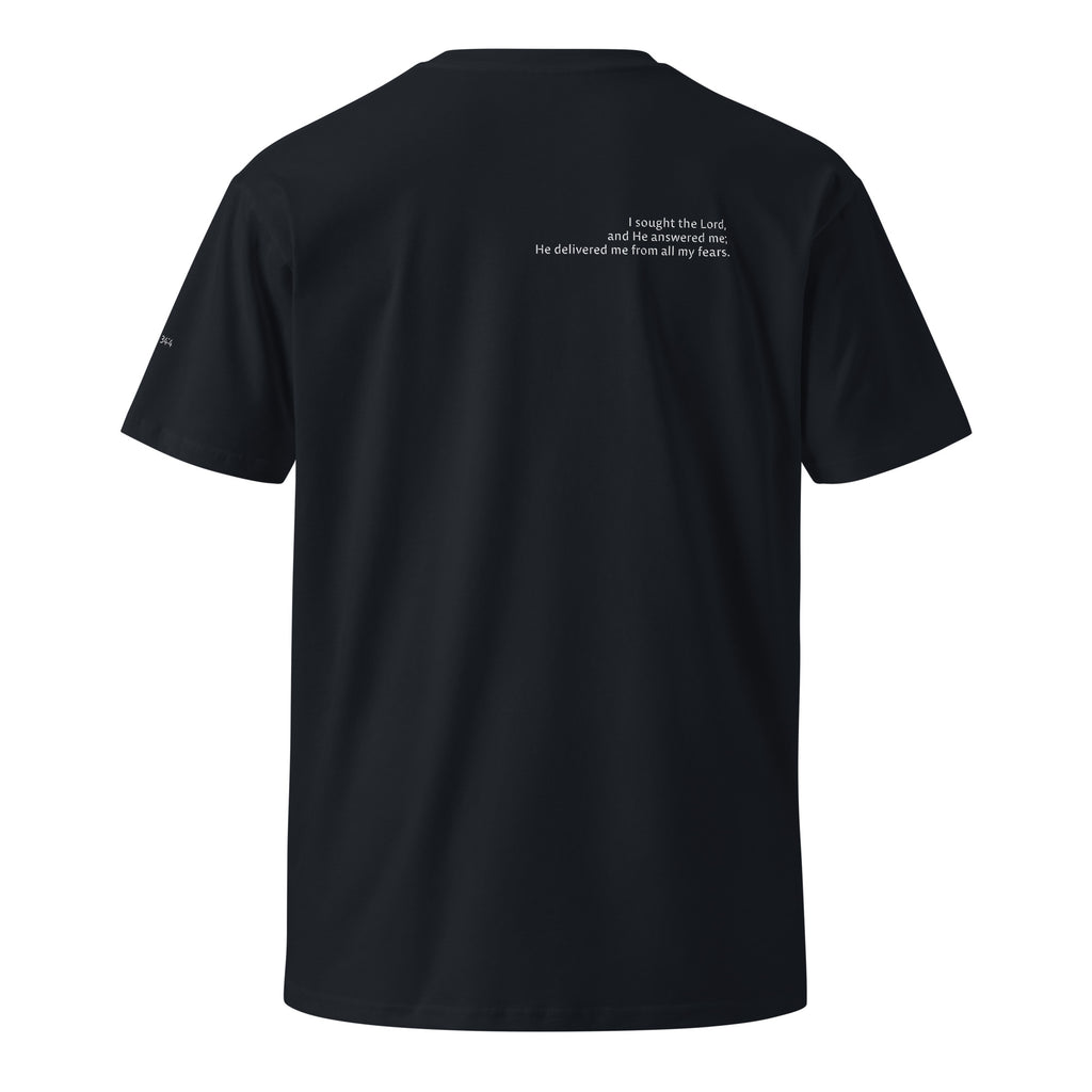 Blue Christian t-shirt with Psalm 34:4 printed on front and back, verse reference on left sleeve
