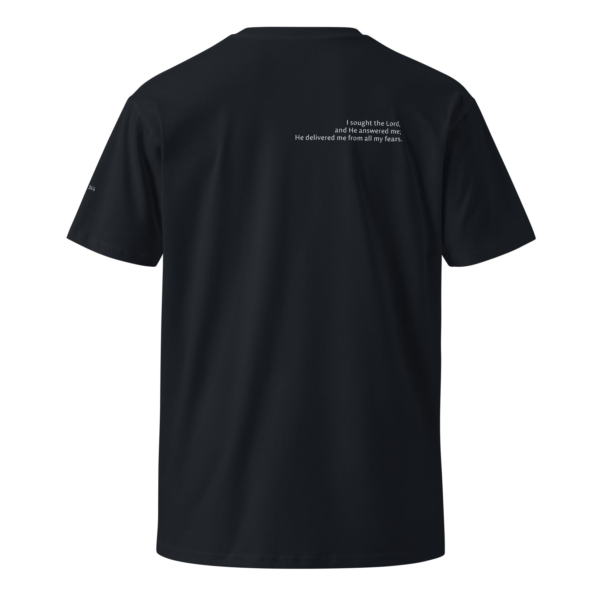 Blue Christian t-shirt with Psalm 34:4 printed on front and back, verse reference on left sleeve
