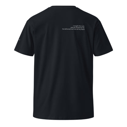 Blue Christian t-shirt with Psalm 34:4 printed on front and back, verse reference on left sleeve