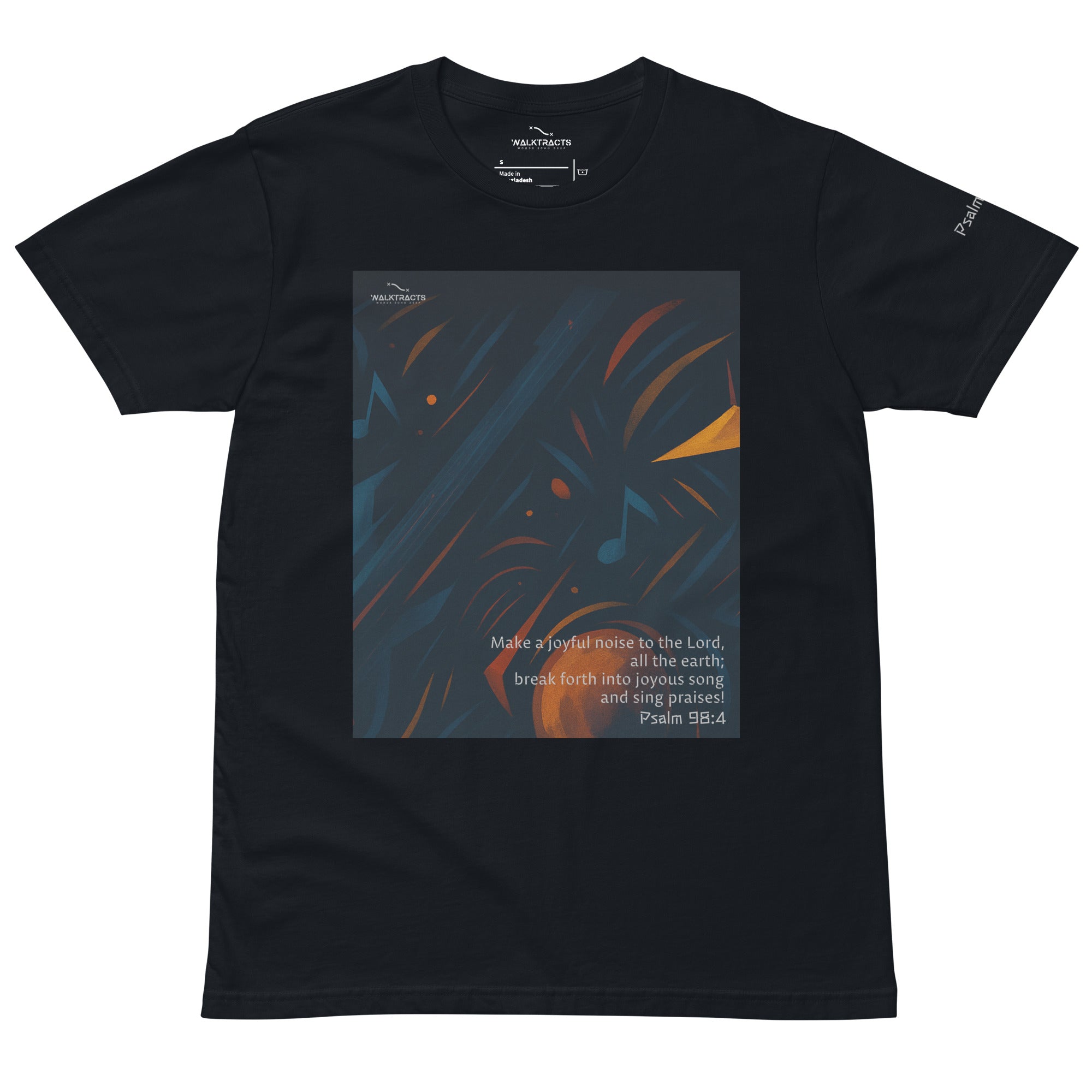 Blue graphic Christian t-shirt with Bible verse Psalm 98:4