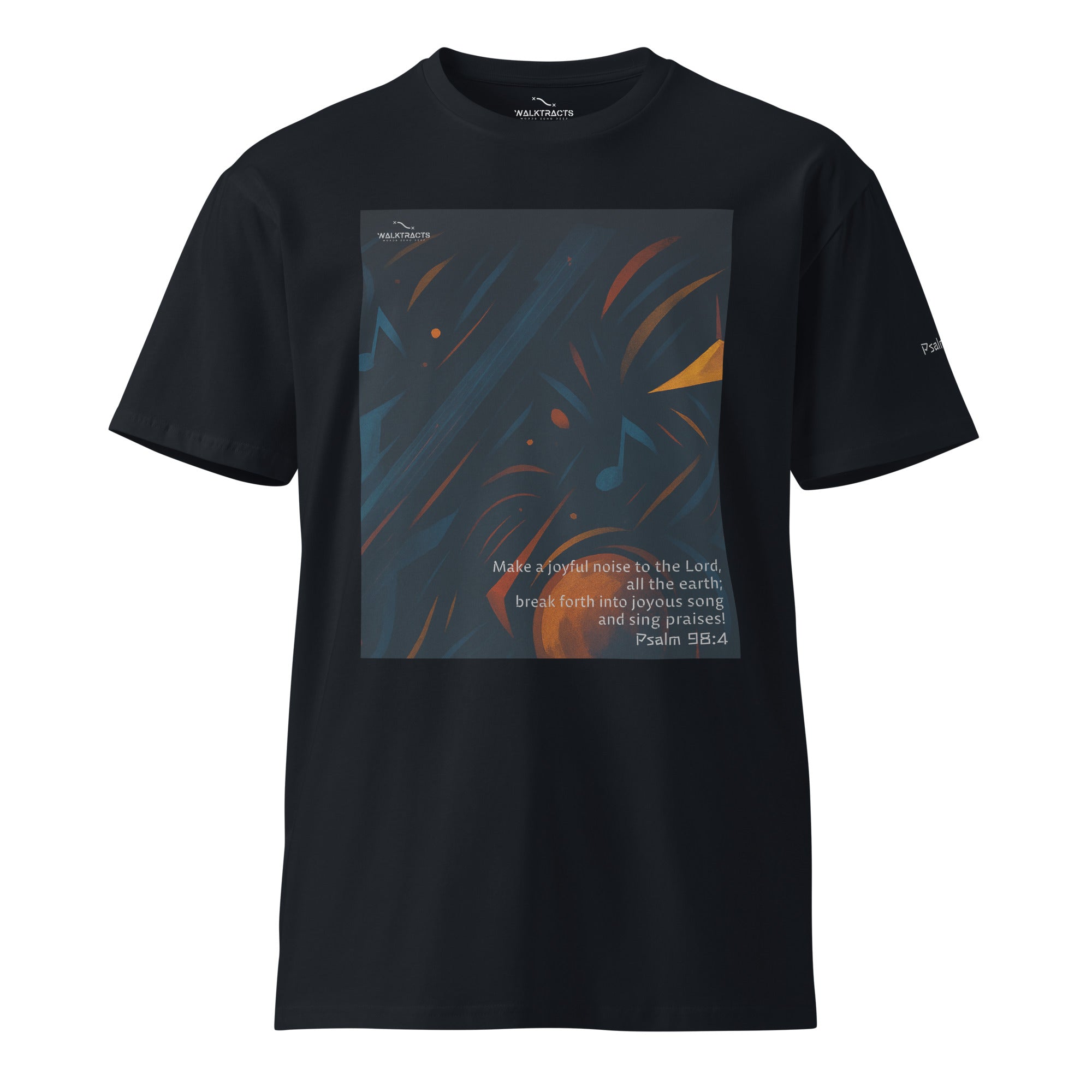 Blue graphic Christian t-shirt with Bible verse Psalm 98:4