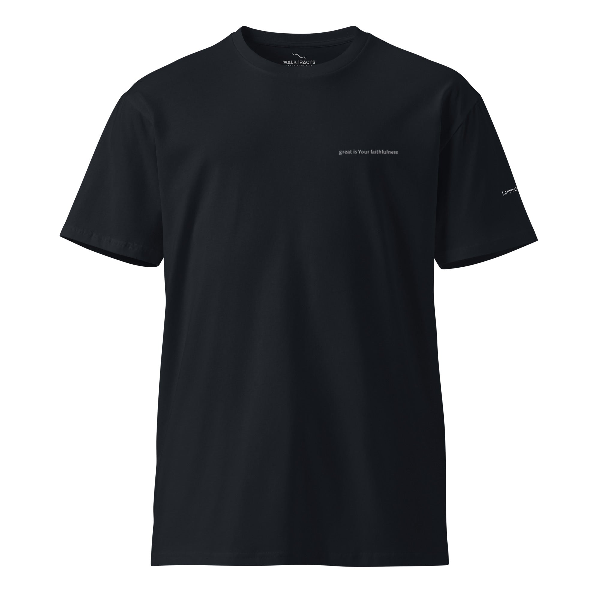 Blue Christian t-shirt with Lamentations 3:22–23 printed on front and back, verse reference on left sleeve