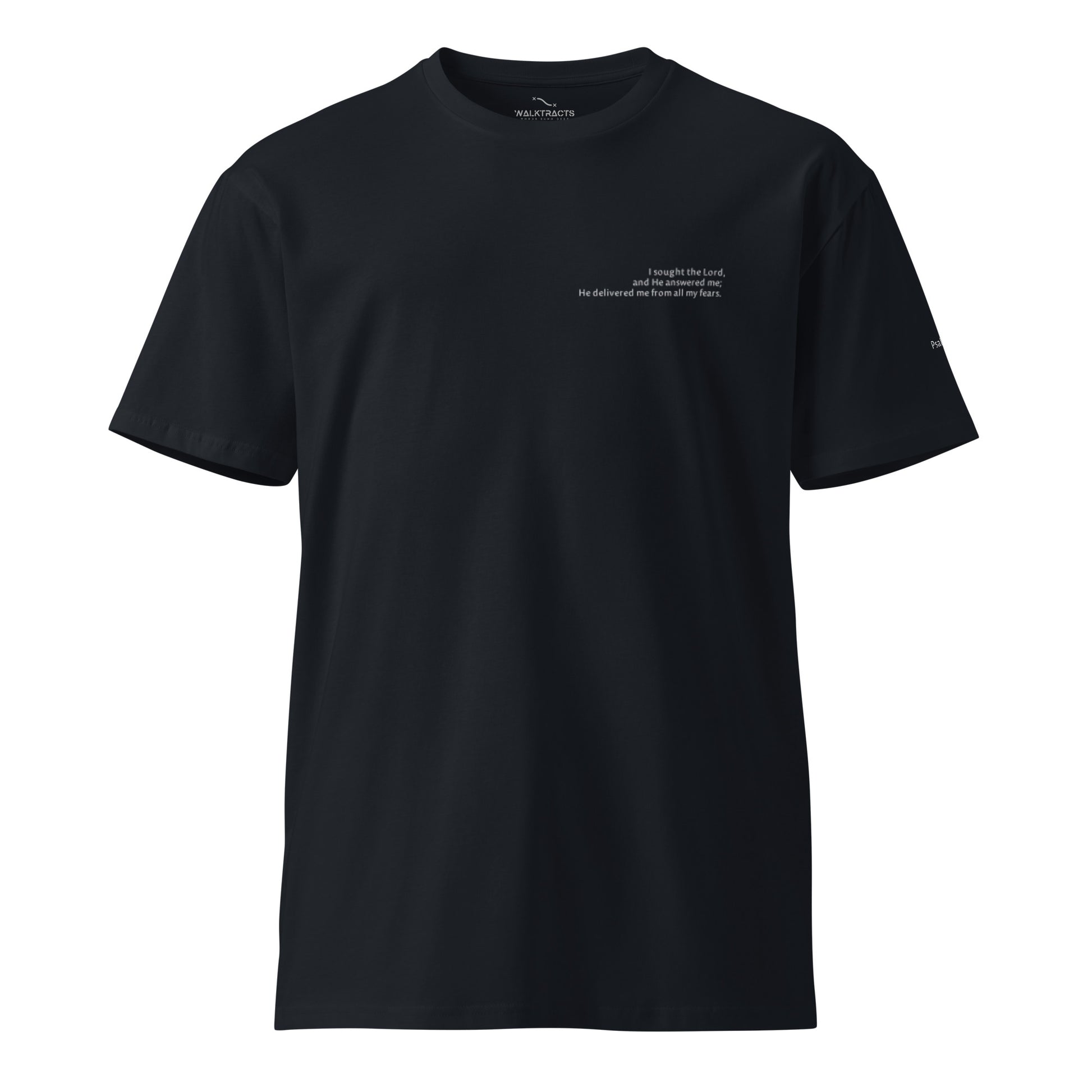 Blue Christian t-shirt with Psalm 34:4 printed on front and back, verse reference on left sleeve