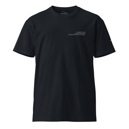 Blue Christian t-shirt with Psalm 34:4 printed on front and back, verse reference on left sleeve