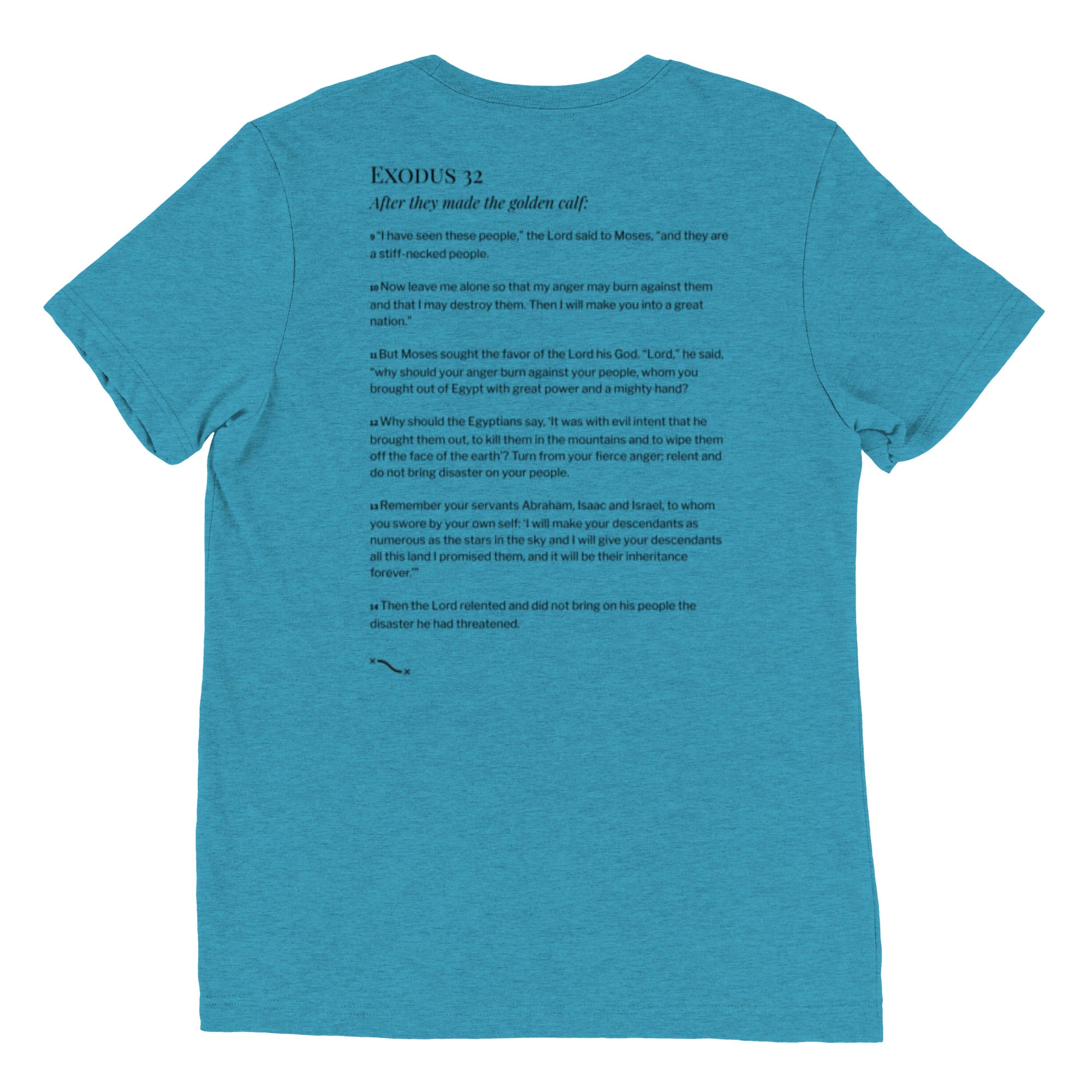 Blue Christian t-shirt with Exodus 32 golden calf comic-style graphic on front and Exodus 32:9–14 printed on the back