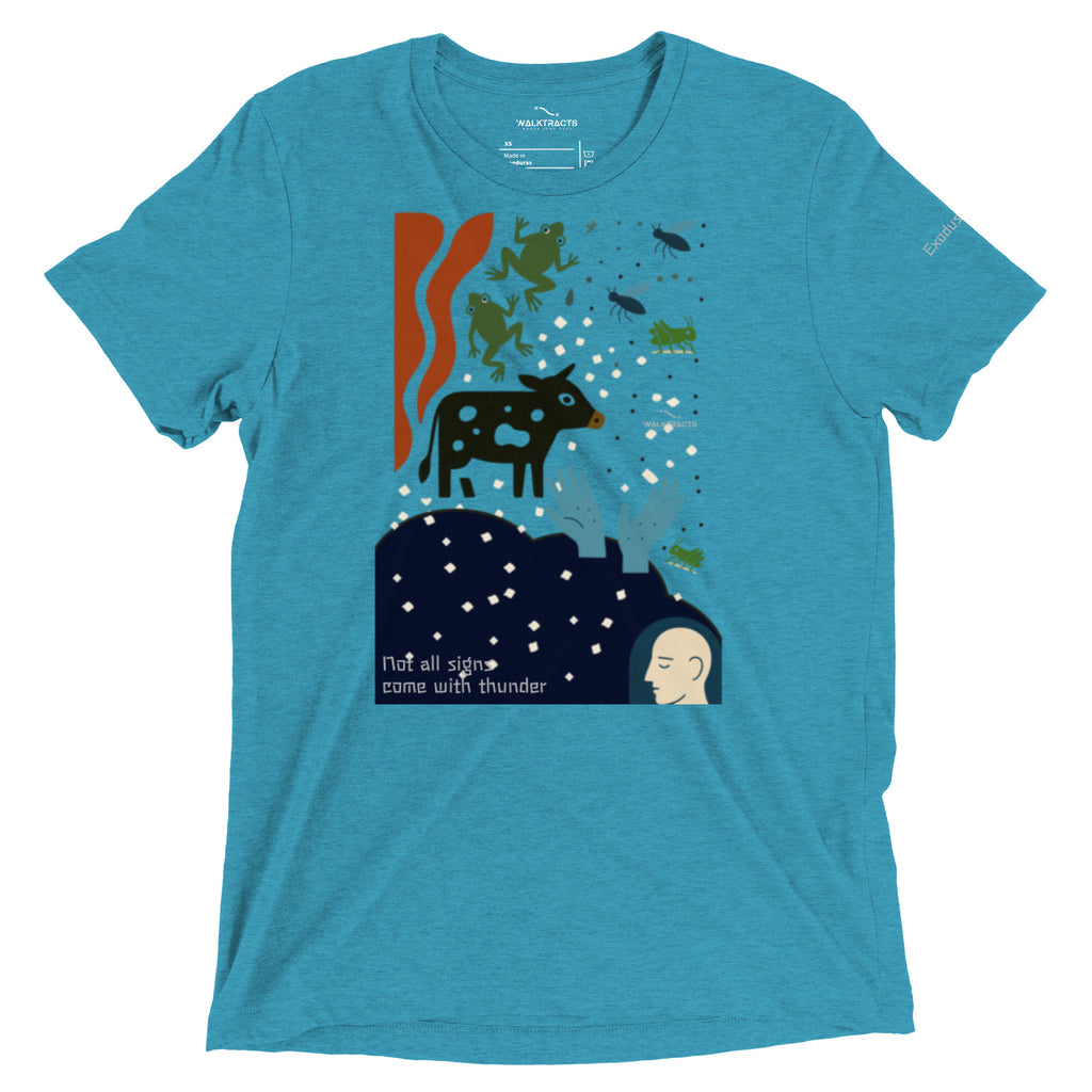 Blue Christian graphic t-shirt with Exodus 7 - 12 plagues design