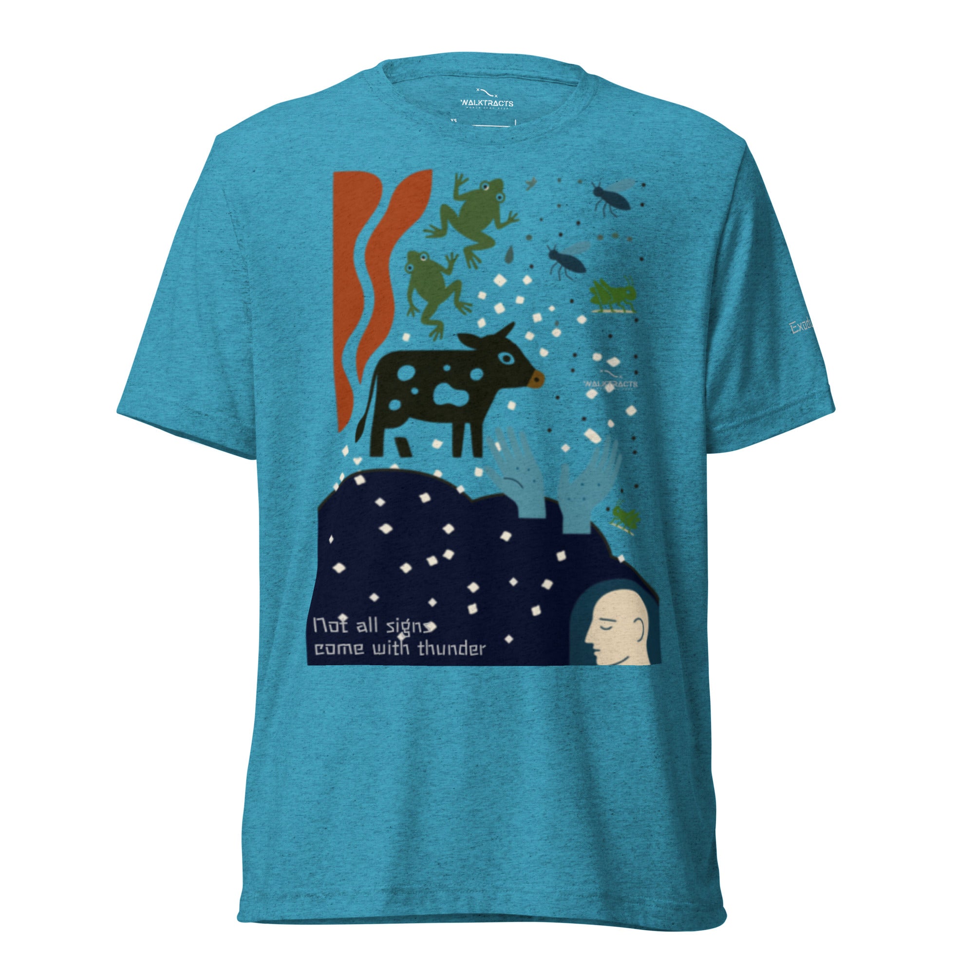 Blue Christian graphic t-shirt with Exodus 7-12 plagues design. Bible verse reference printed on left sleeve.