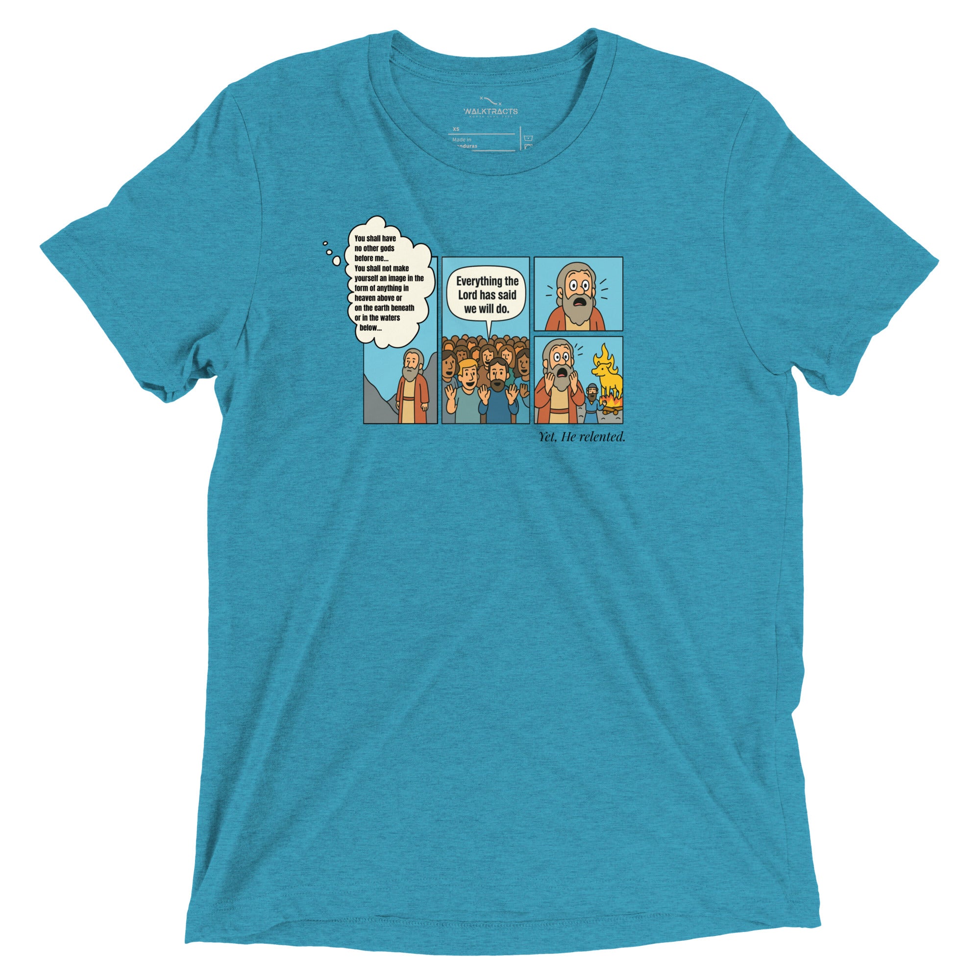 Blue Christian t-shirt with Exodus 32 golden calf comic-style graphic on front and Exodus 32:9–14 printed on the back