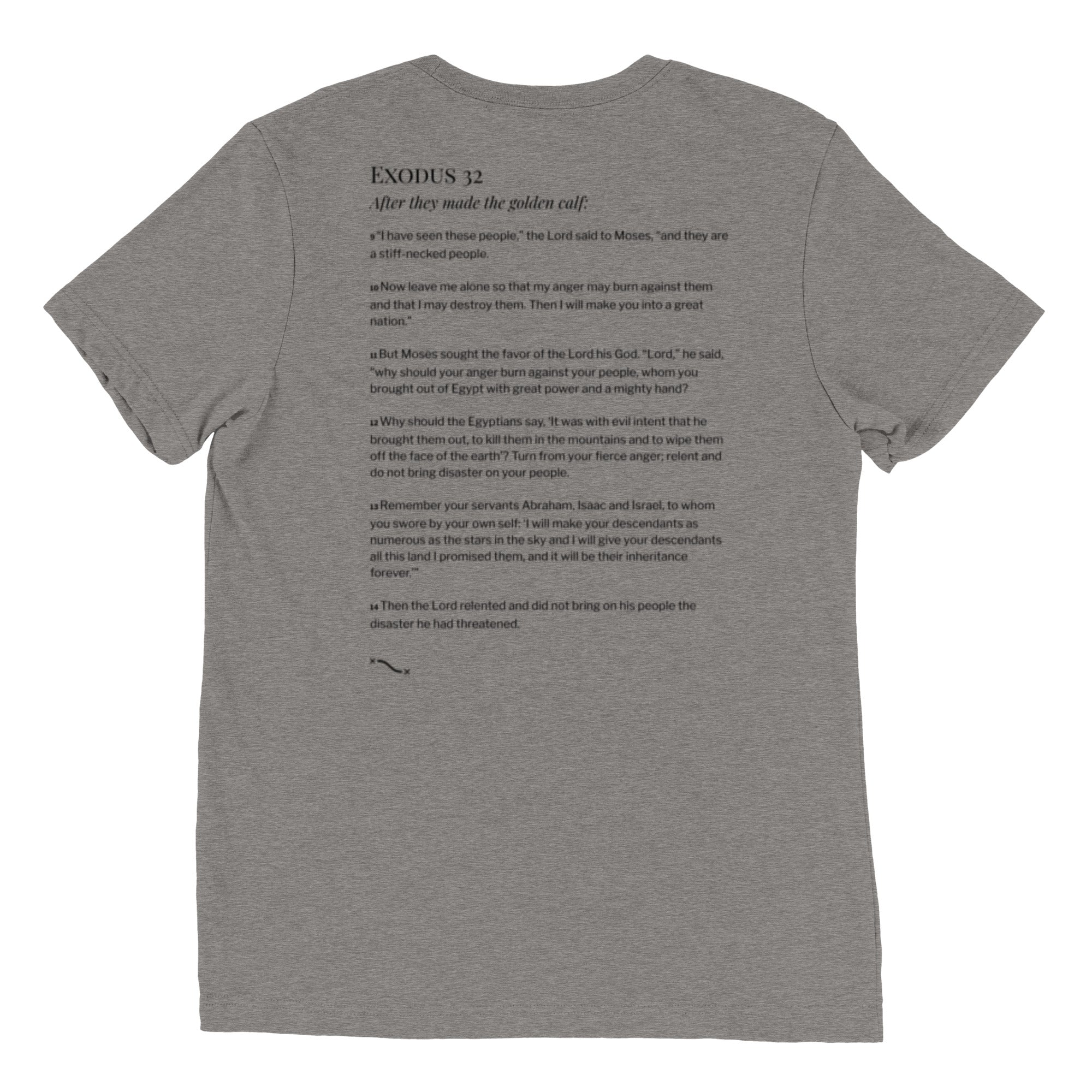 Gray Christian t-shirt with Exodus 32 golden calf comic-style graphic on front and Exodus 32:9–14 printed on the back