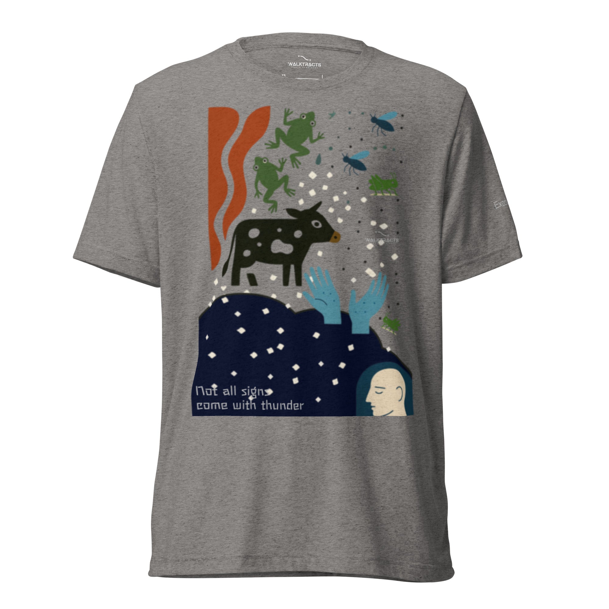 Gray Christian graphic t-shirt with Exodus 7-12 plagues design. Bible verse reference printed on left sleeve.