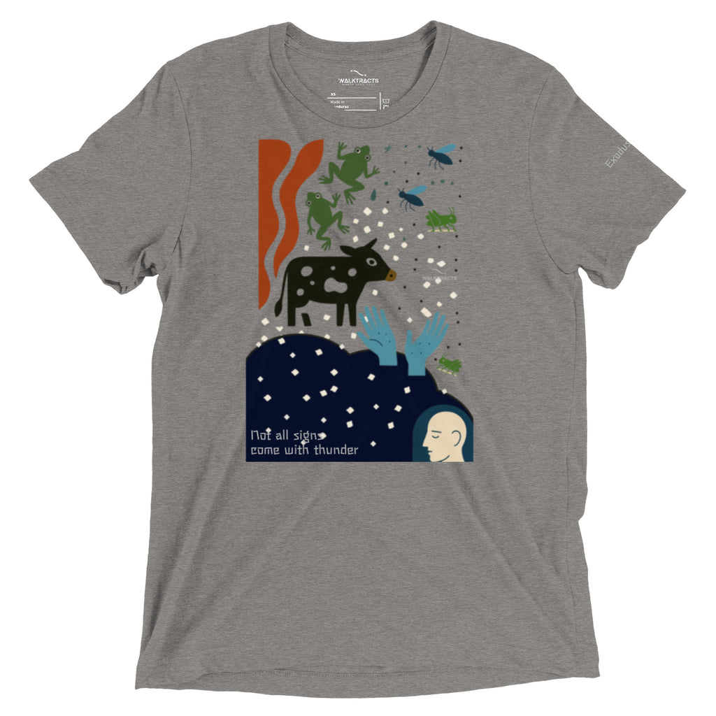 Gray Christian graphic t-shirt with Exodus 7-12 plagues design. Bible verse reference printed on left sleeve.