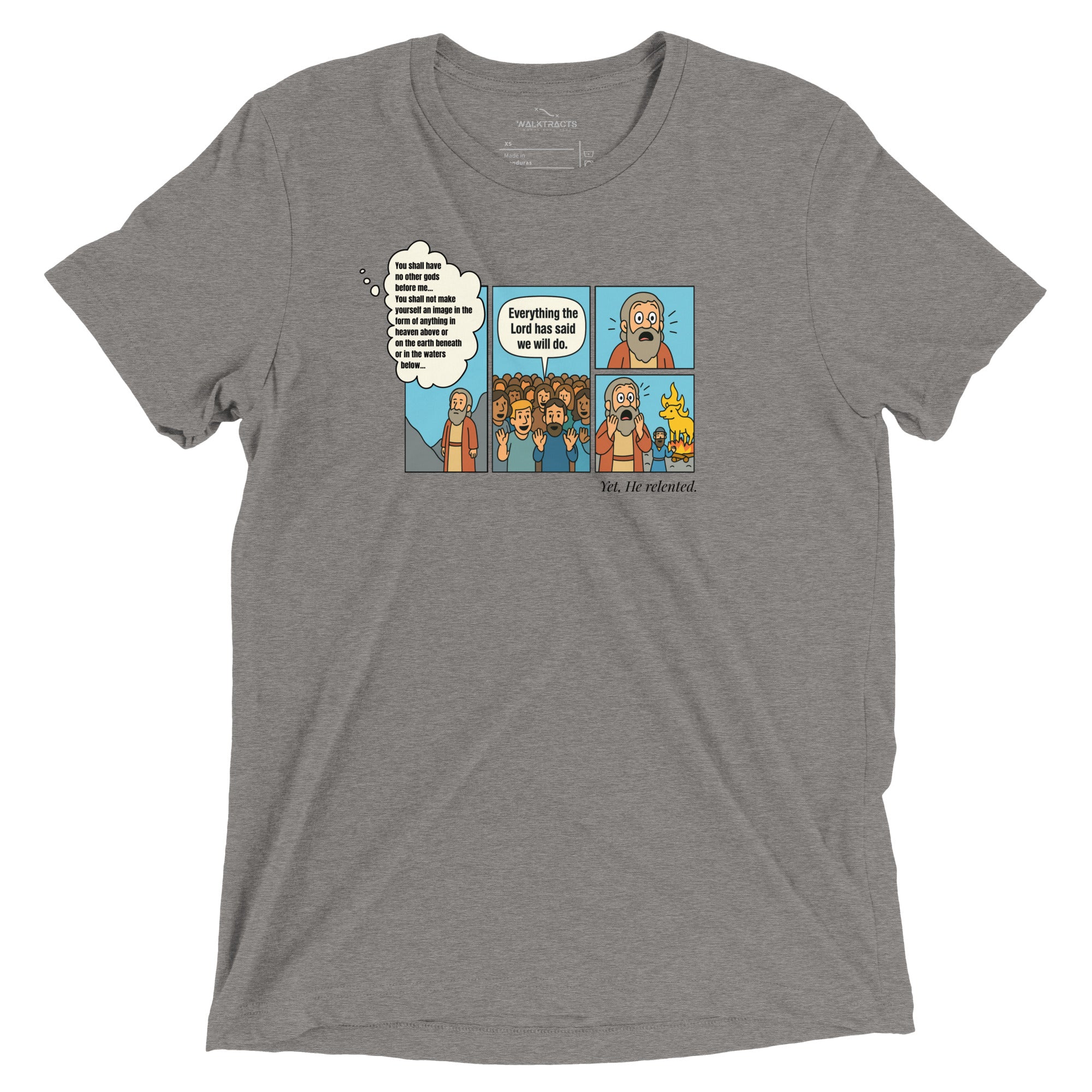 Gray Christian t-shirt with Exodus 32 golden calf comic-style graphic on front and Exodus 32:9–14 printed on the back
