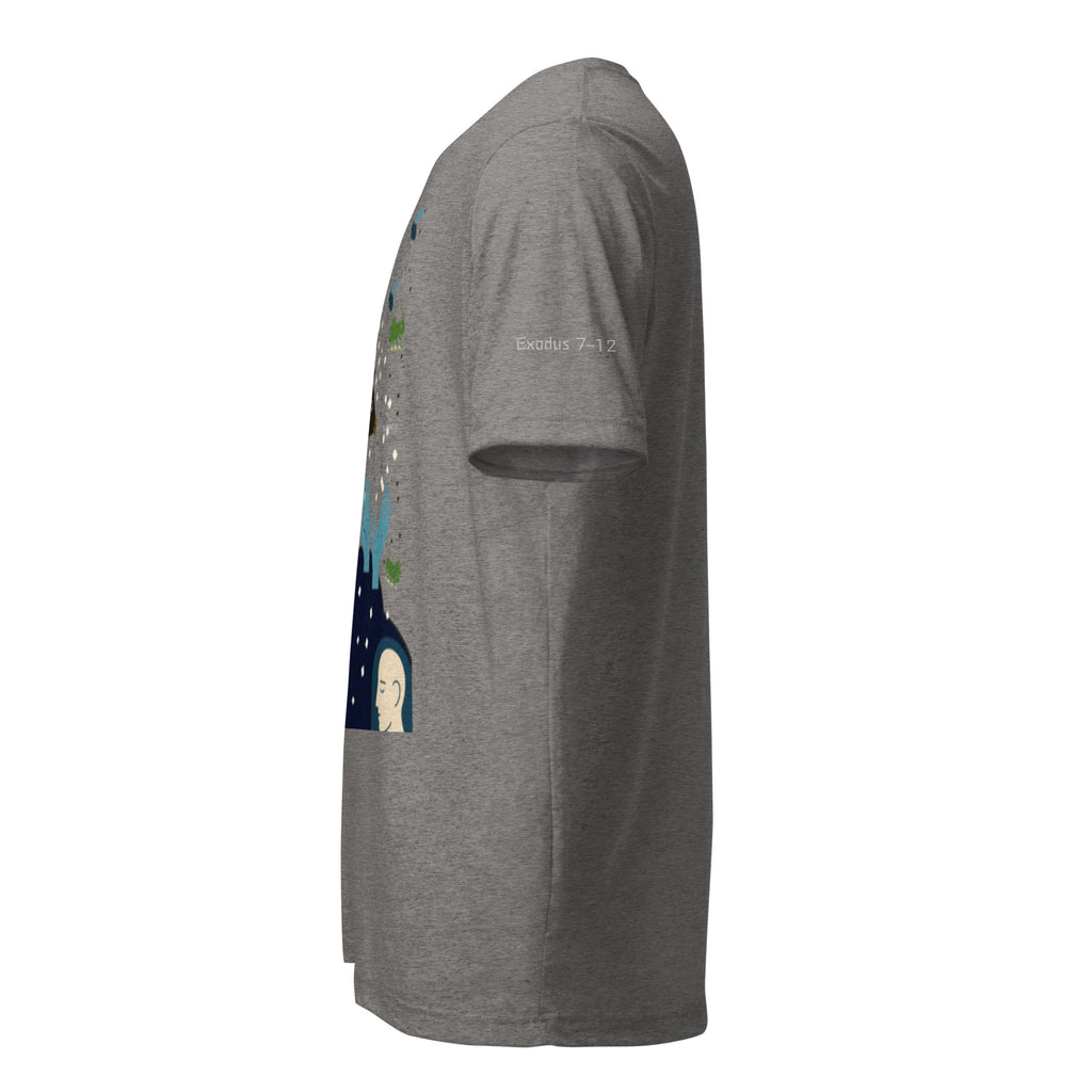 Gray Christian graphic t-shirt with Exodus 7-12 plagues design. Bible verse reference printed on left sleeve.