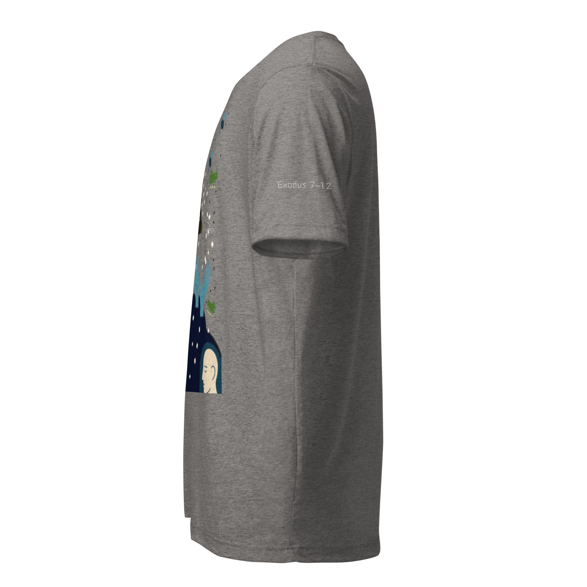 Gray Christian graphic t-shirt with Exodus 7-12 plagues design. Bible verse reference printed on left sleeve.
