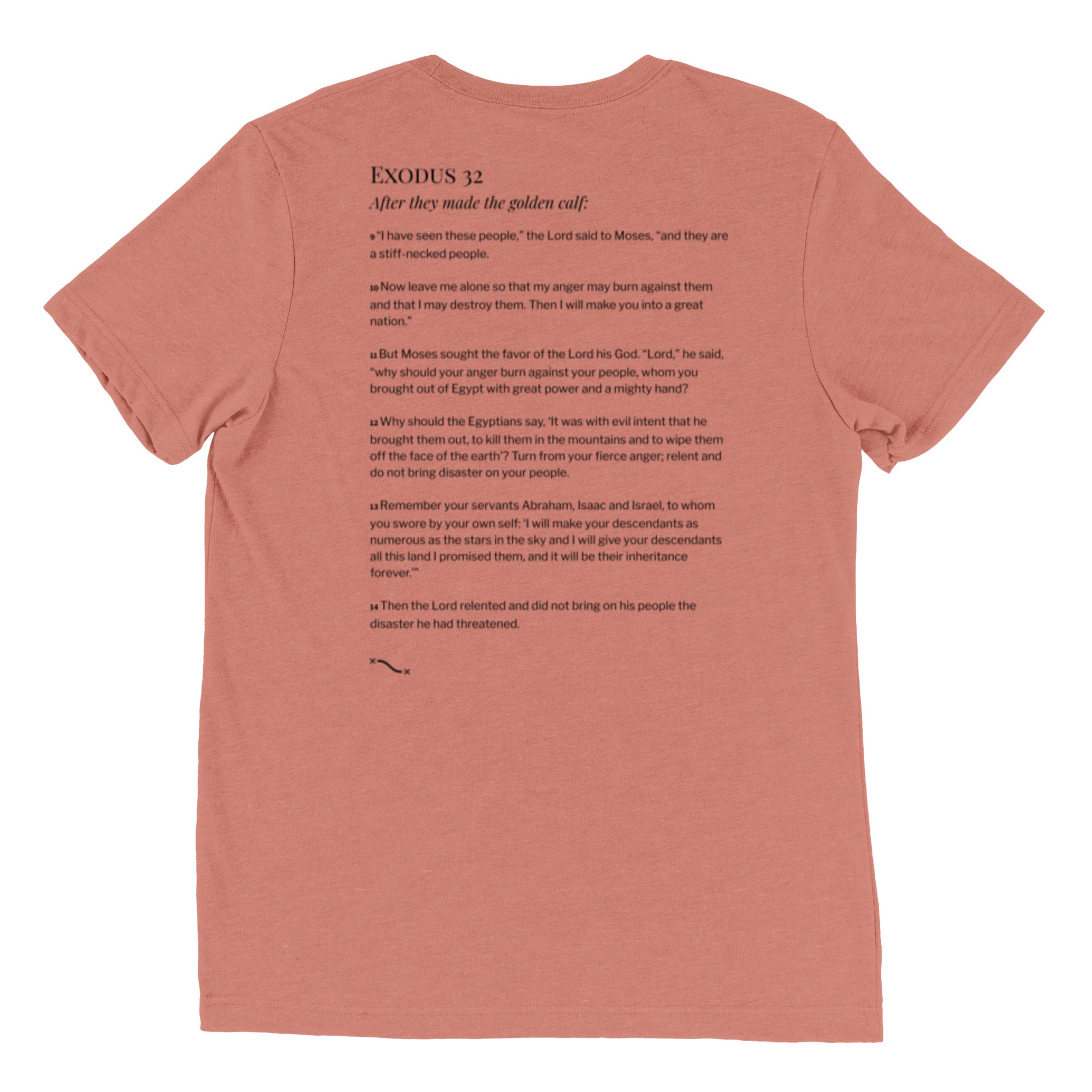 Pink Christian t-shirt with Exodus 32 golden calf comic-style graphic on front and Exodus 32:9–14 printed on the back