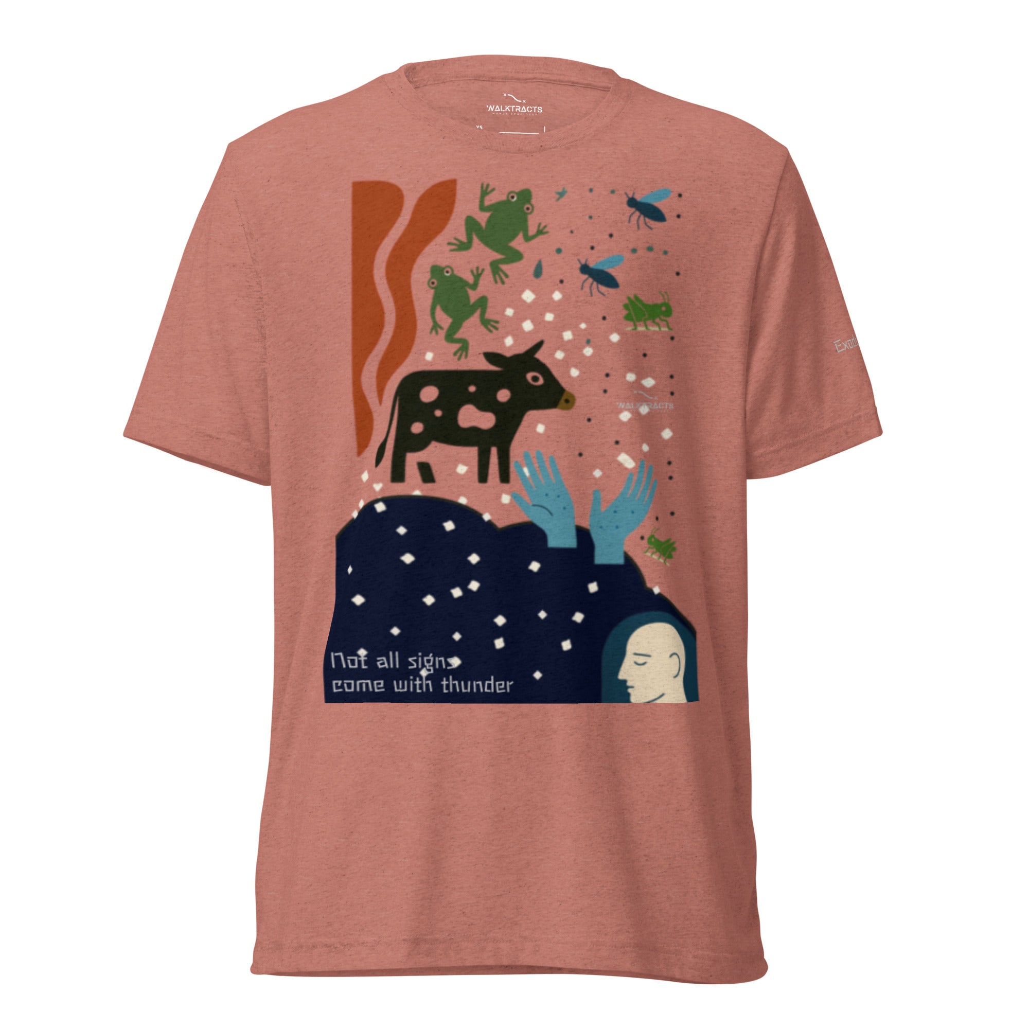 Pink Christian graphic t-shirt with Exodus 7-12 plagues design. Bible verse reference printed on left sleeve.