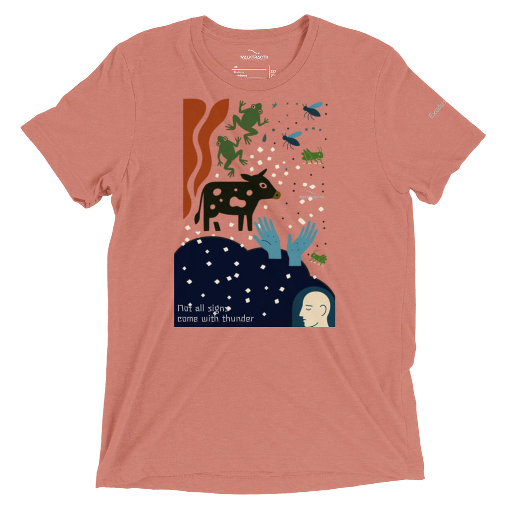 Pink Christian graphic t-shirt with Exodus 7-12 plagues design. Bible verse reference printed on left sleeve.