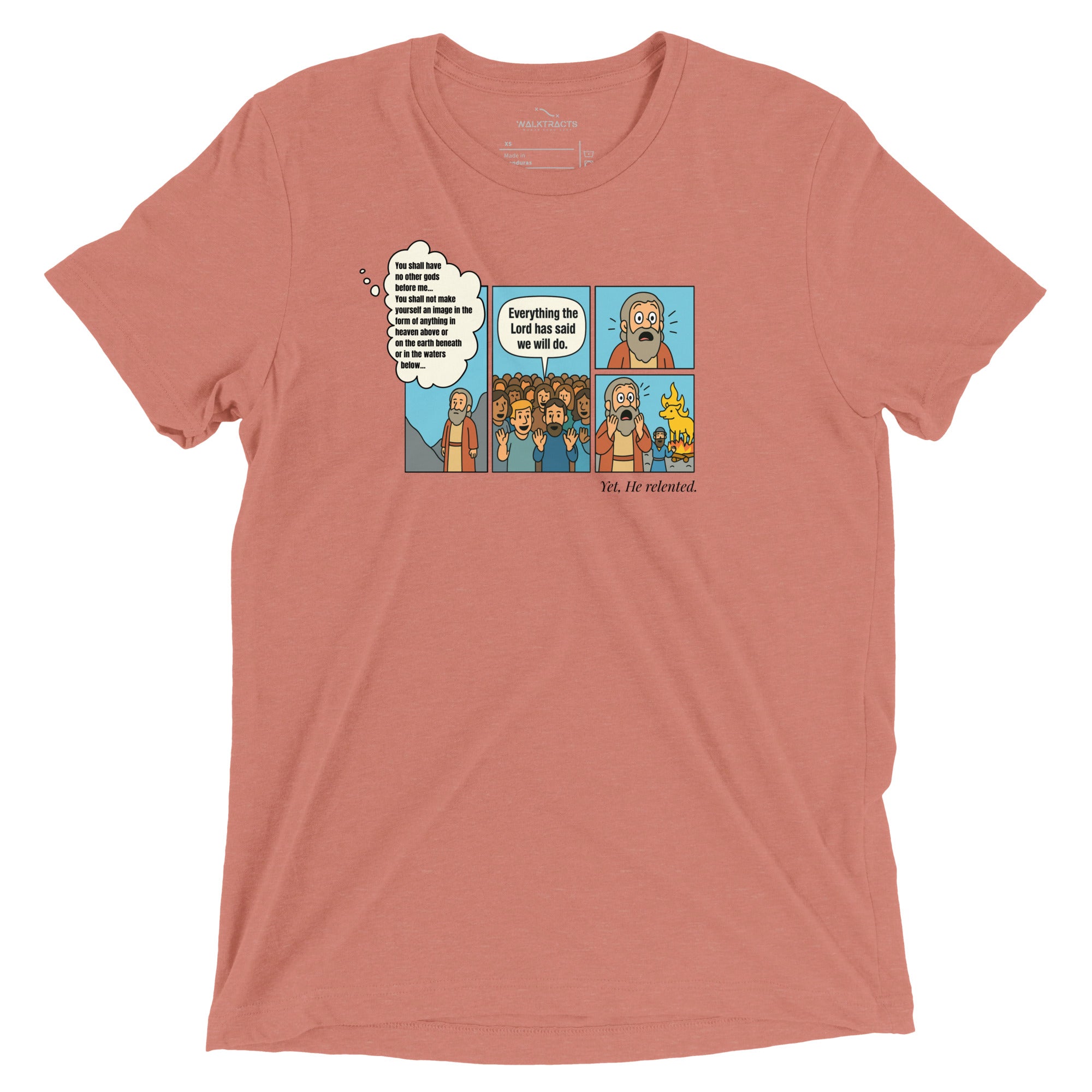 Pink Christian t-shirt with Exodus 32 golden calf comic-style graphic on front and Exodus 32:9–14 printed on the back