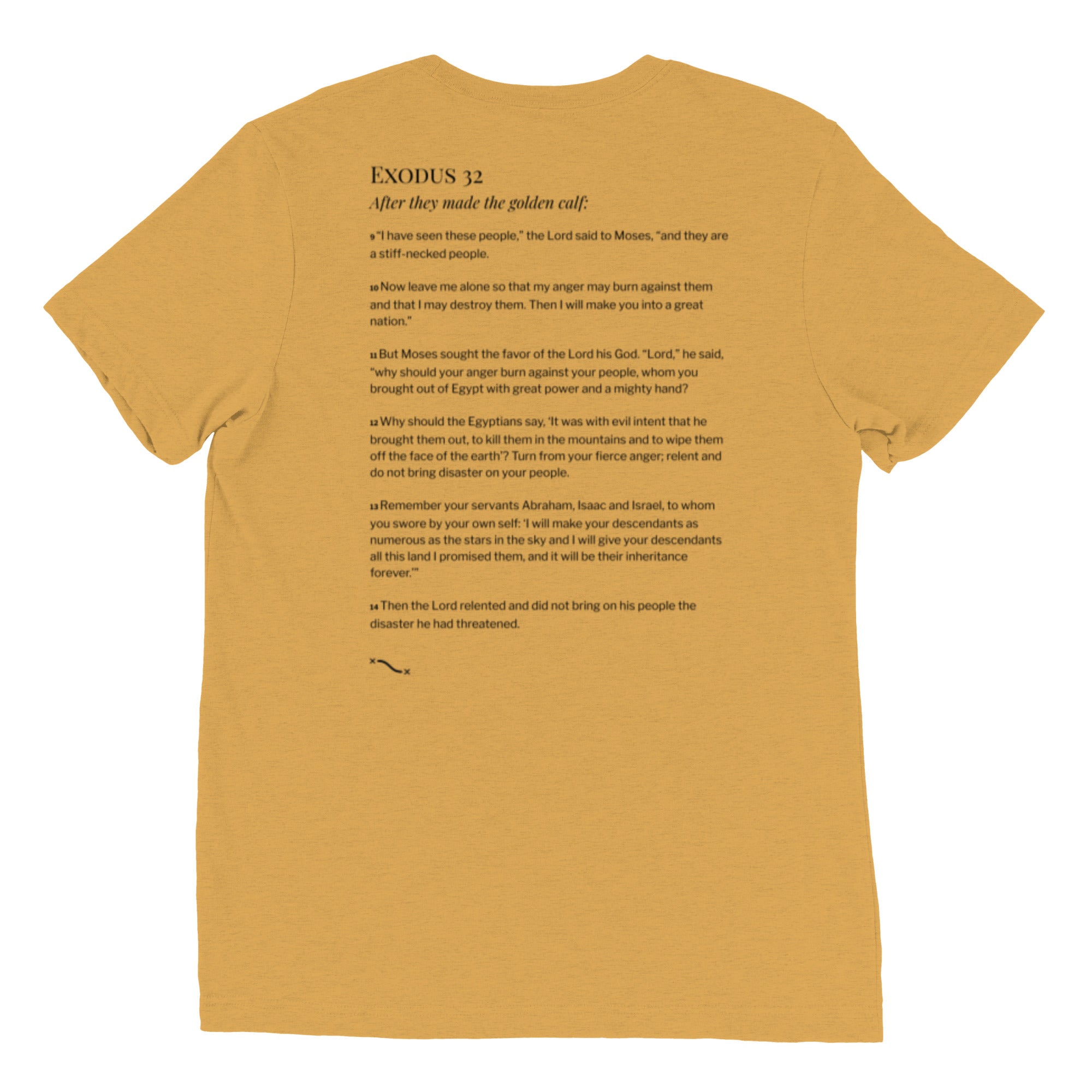 Yellow Christian t-shirt with Exodus 32 golden calf comic-style graphic on front and Exodus 32:9–14 printed on the back