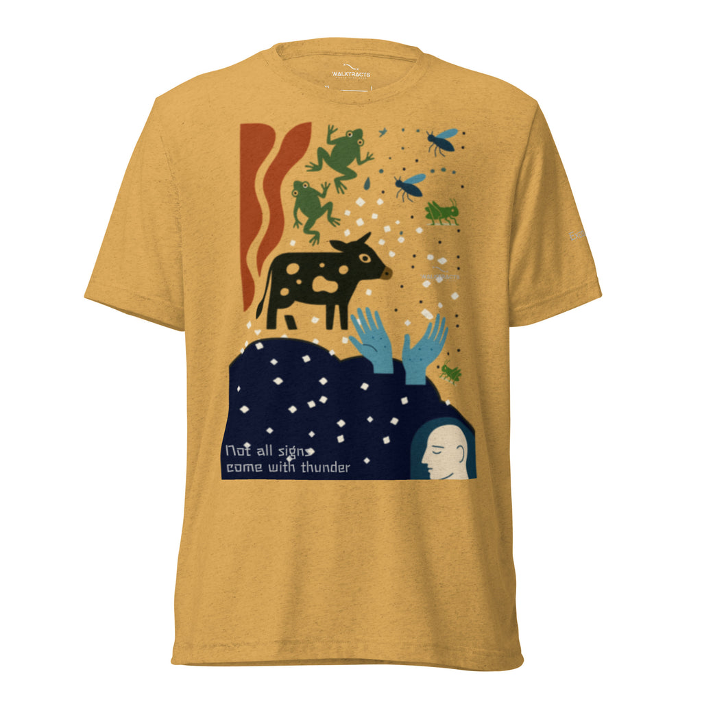 Yellow Christian graphic t-shirt with Exodus 7 - 12 plagues design